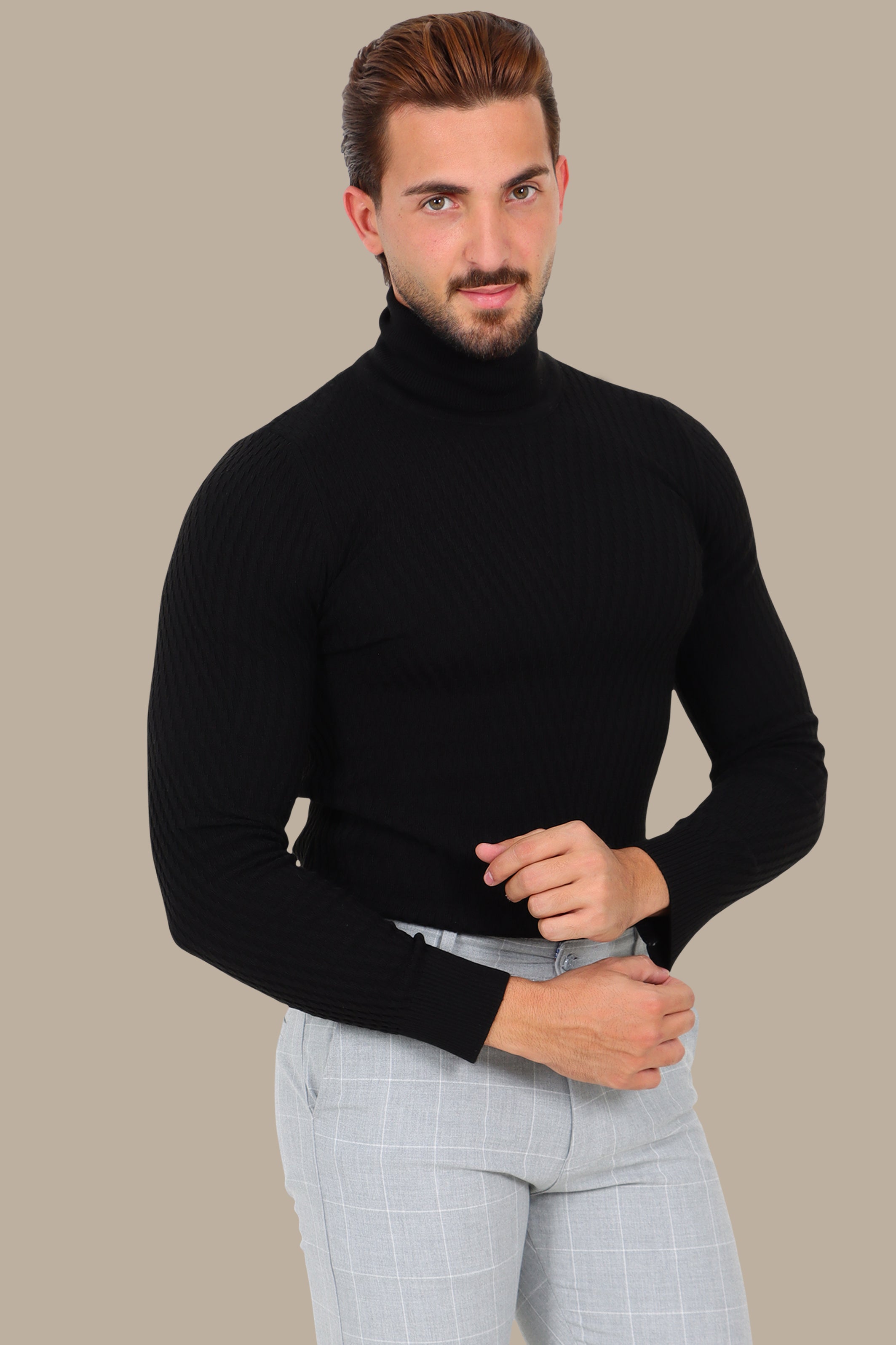 Black V-Cut Turtleneck with Dogtooth Pattern