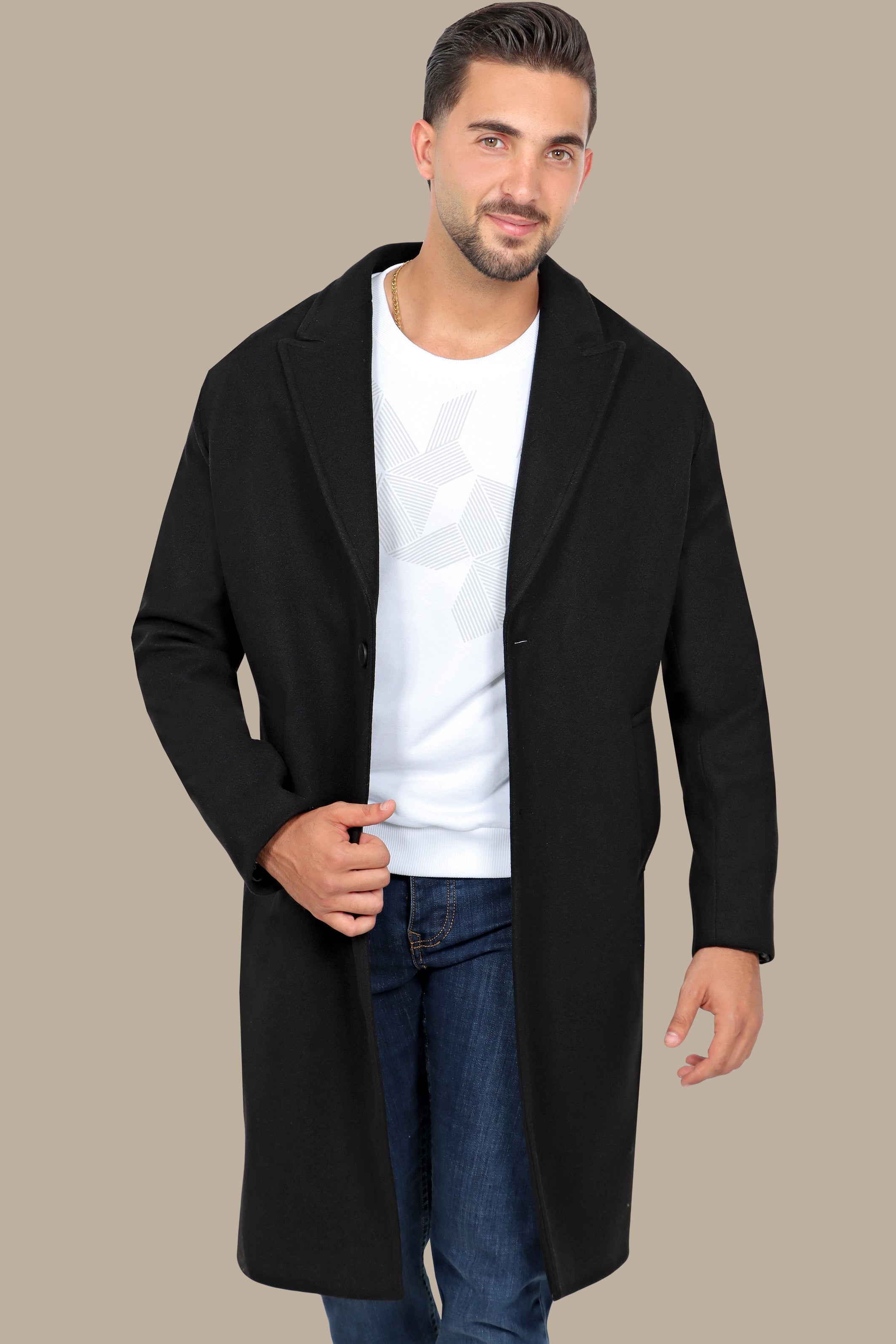 Oversized Black Coat with Peak Lapels