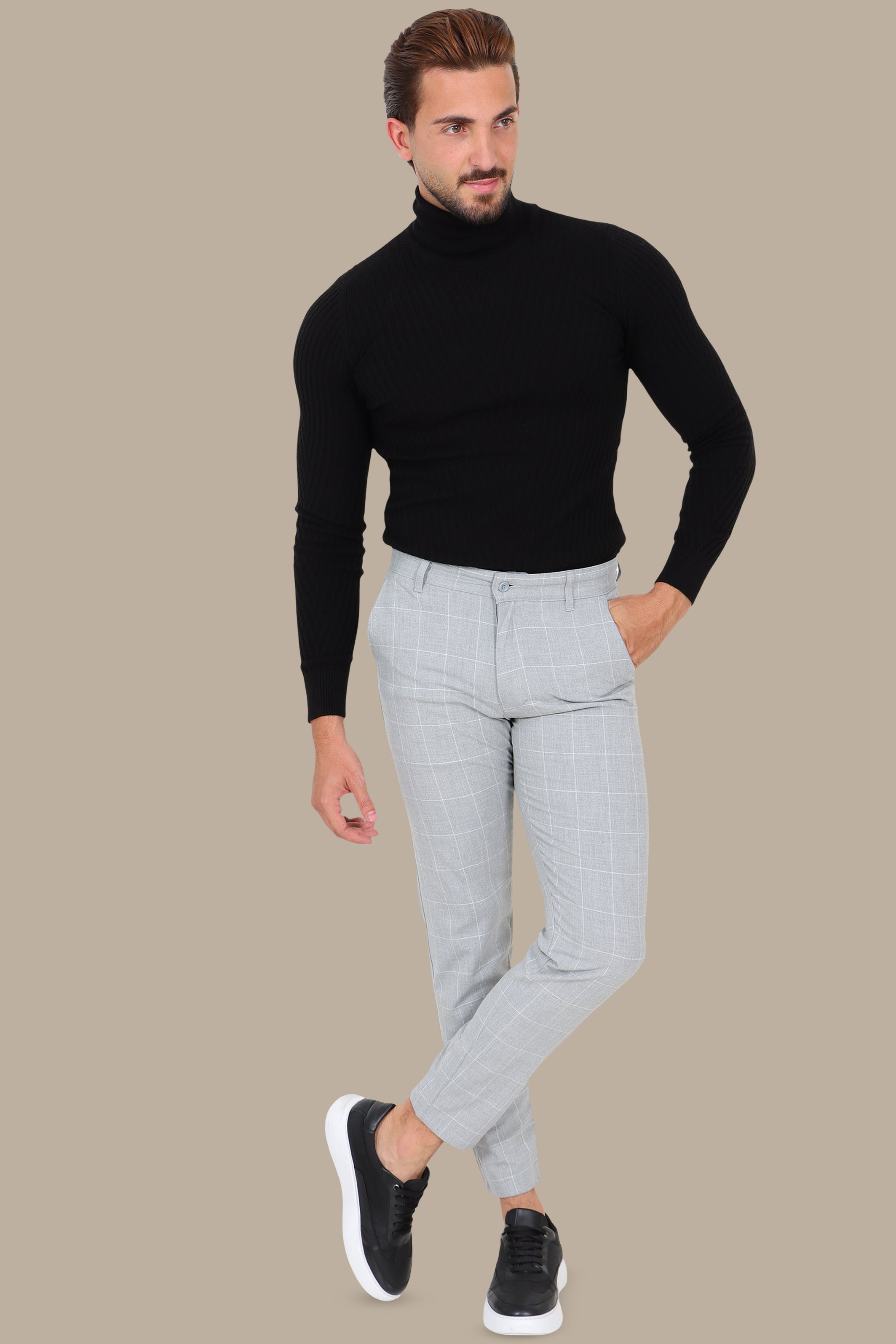 Black V-Cut Turtleneck with Dogtooth Pattern