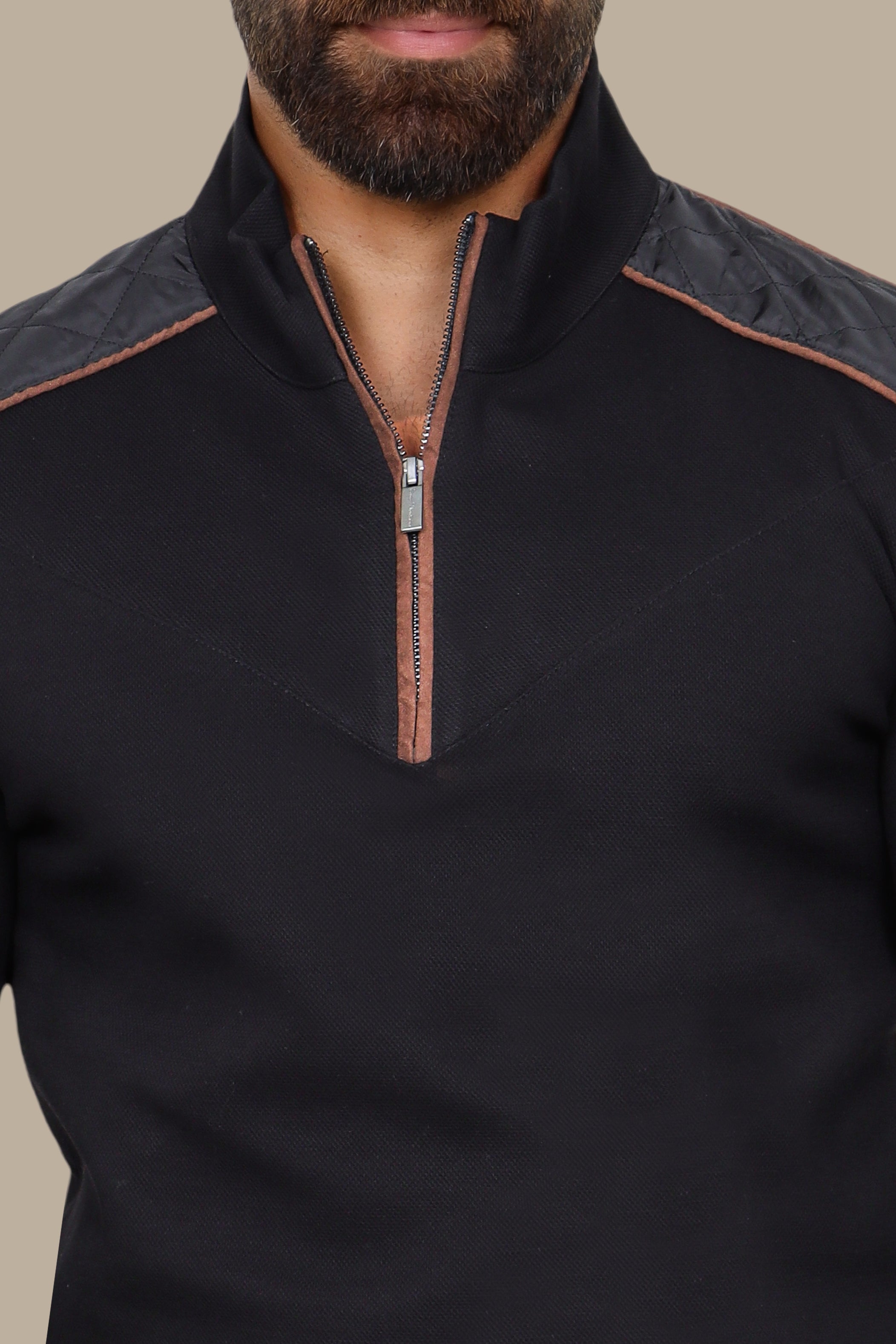 Black Half-Zip Sweater with V-Cut and Shoulder Detail