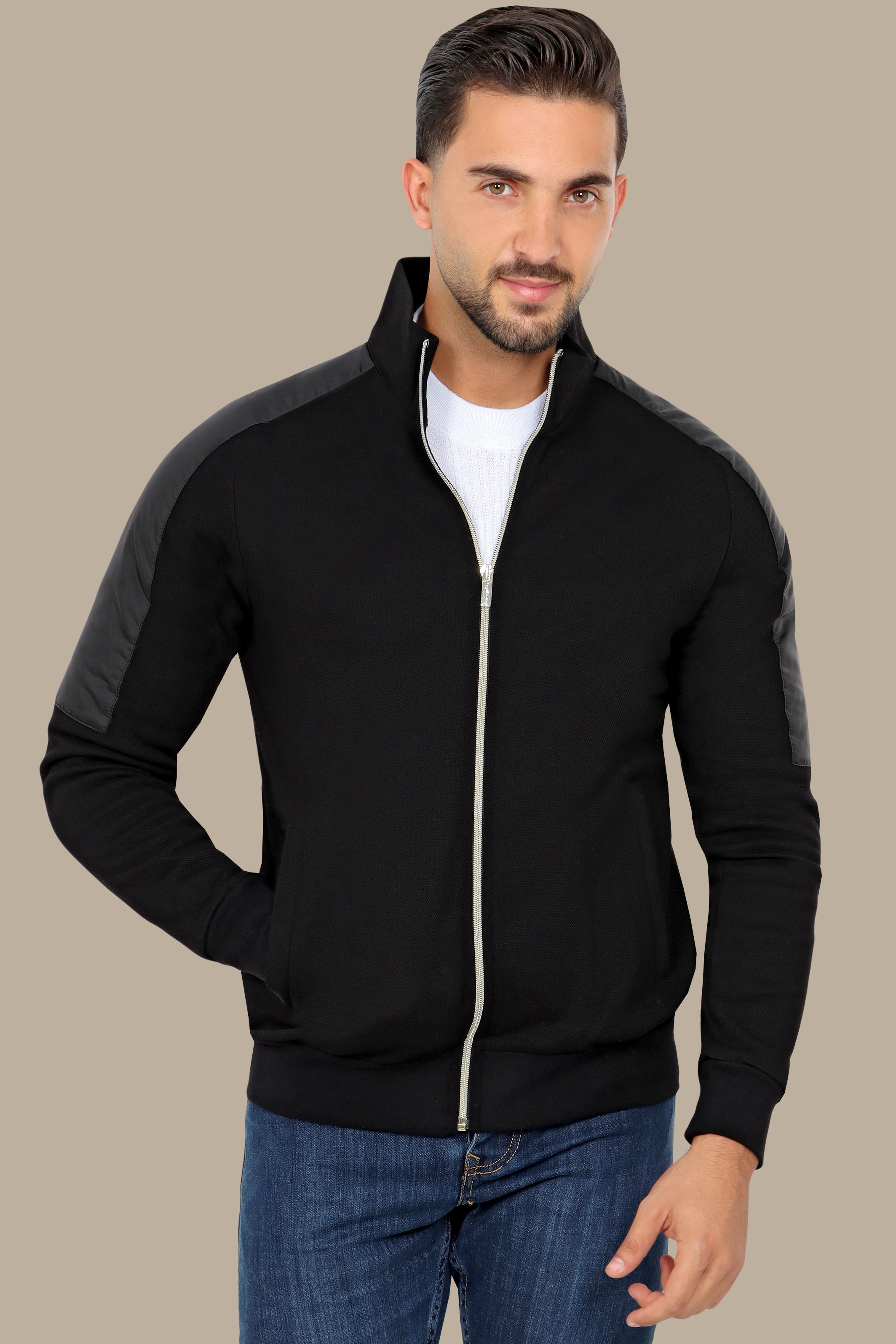 Black Full-Zip Cardigan with Mixed Shoulder Fabric