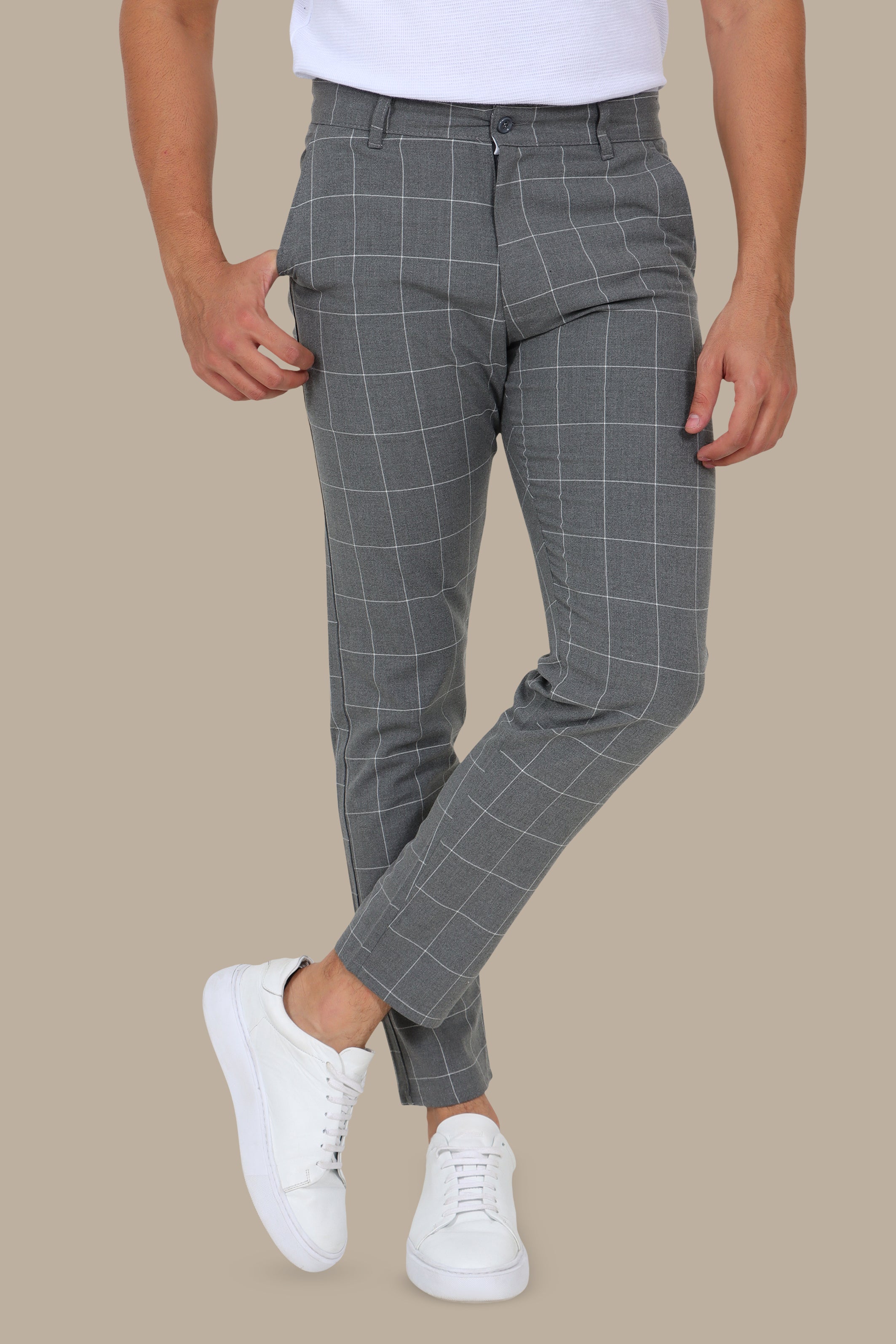 Grey Slim Fit Checked Fashion Trousers