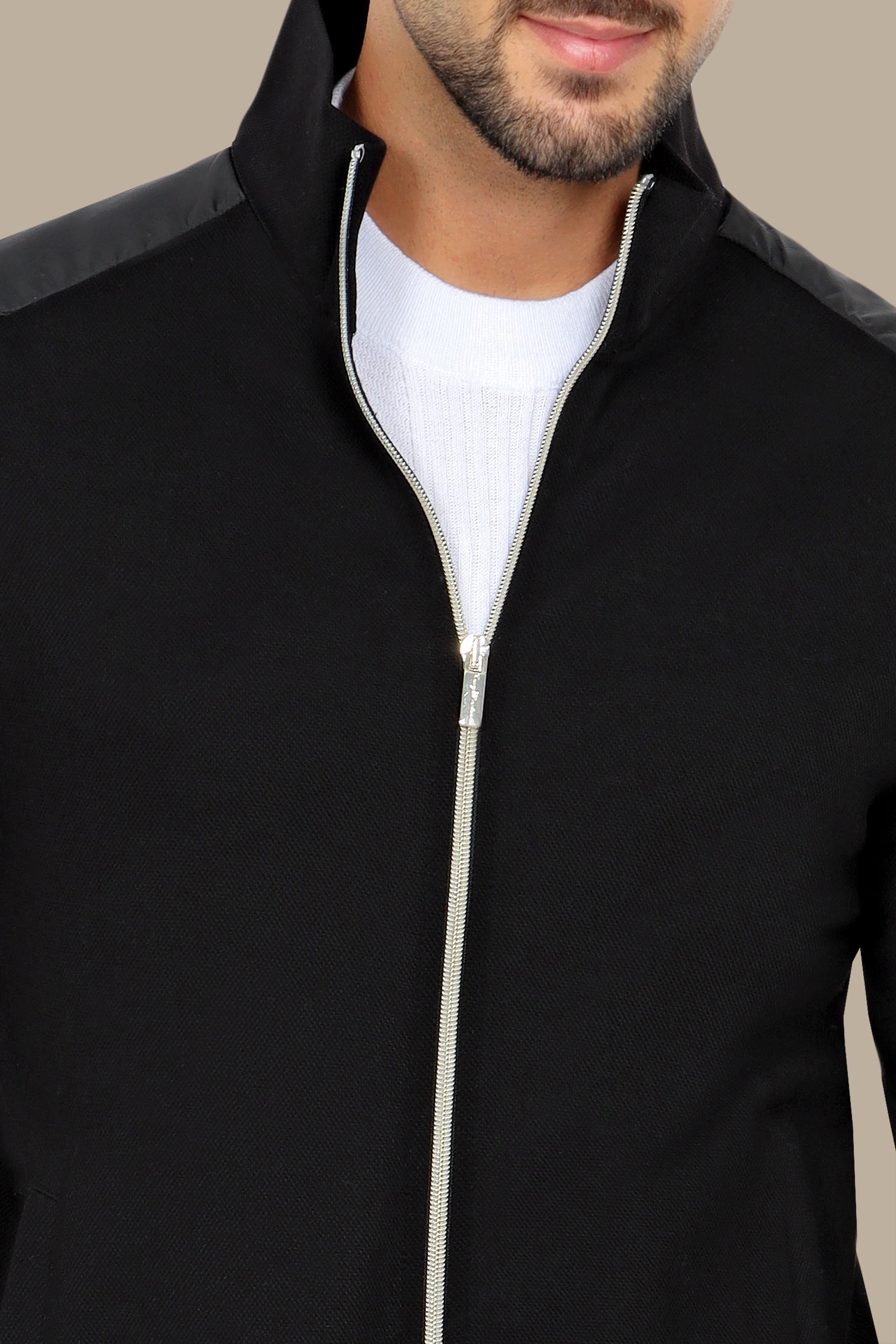 Black Full-Zip Cardigan with Mixed Shoulder Fabric