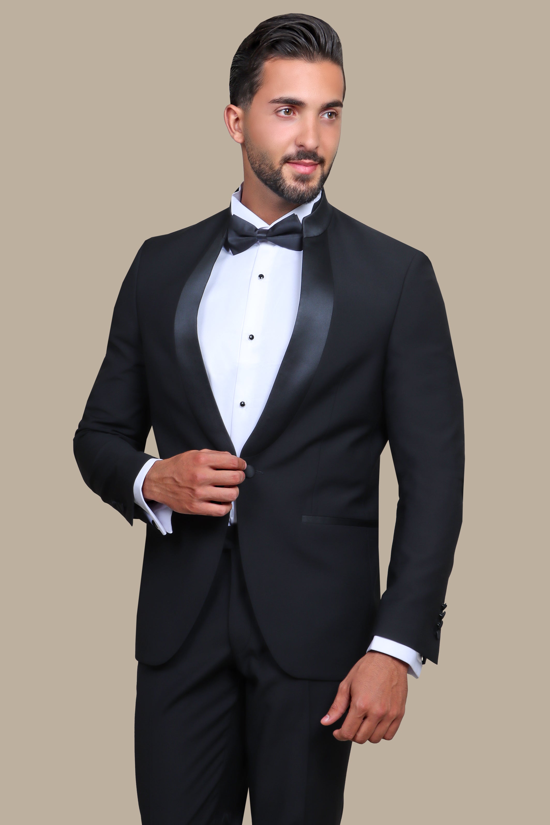 Black Mandarin Collar Tuxedo with Satin Piping