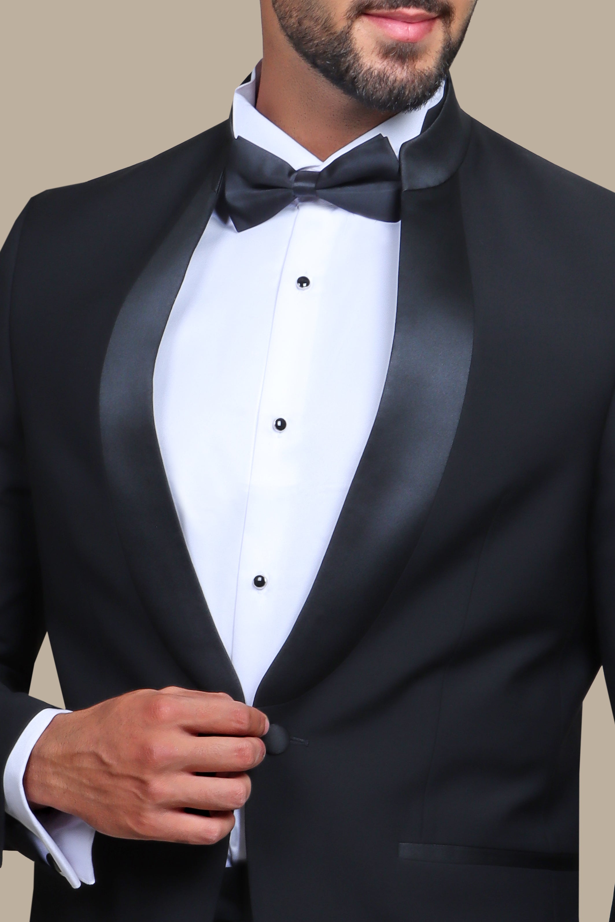 Black Mandarin Collar Tuxedo with Satin Piping