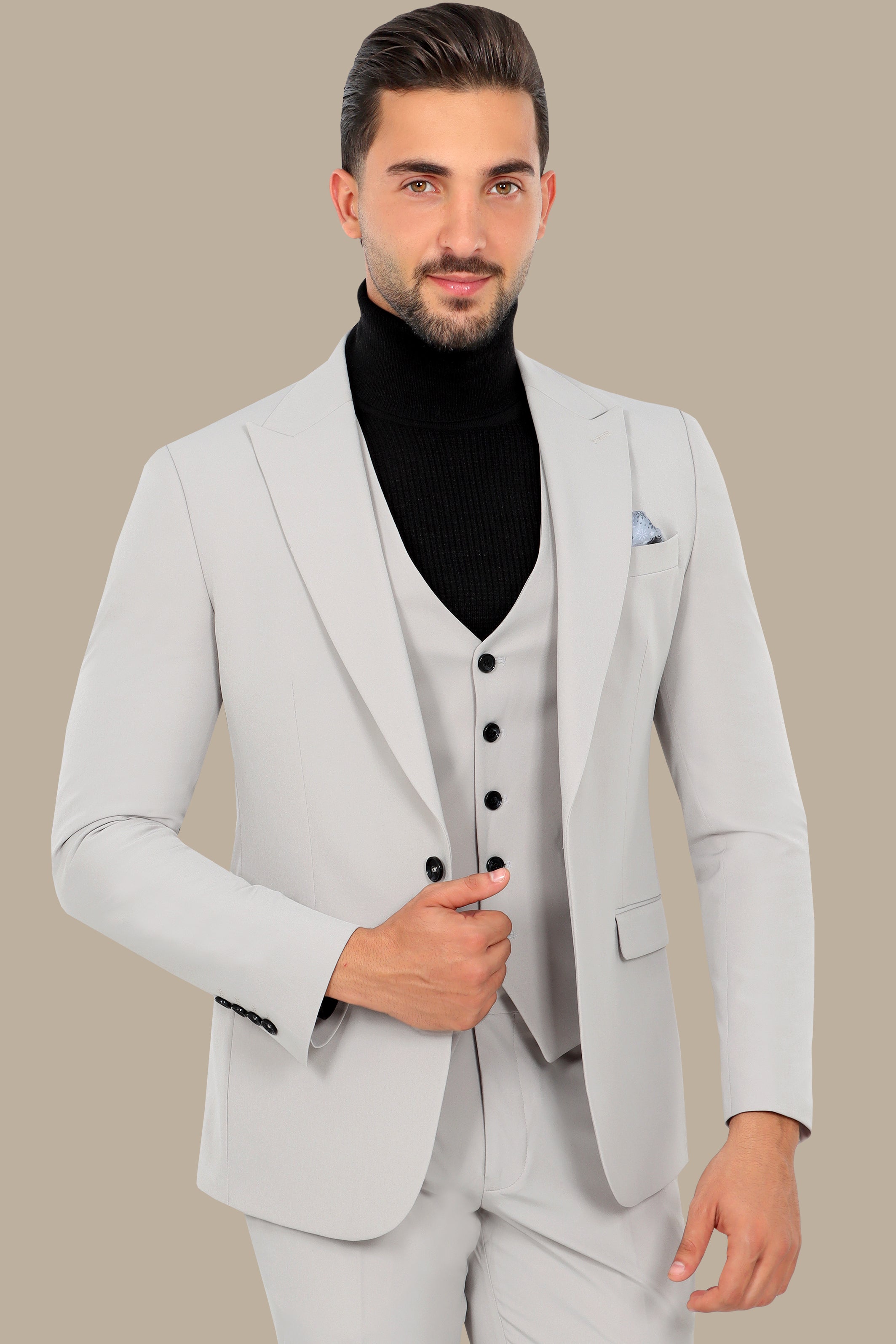 Sleek Comfort: 3-Piece Light Grey Lycra Suit with Peak Lapel