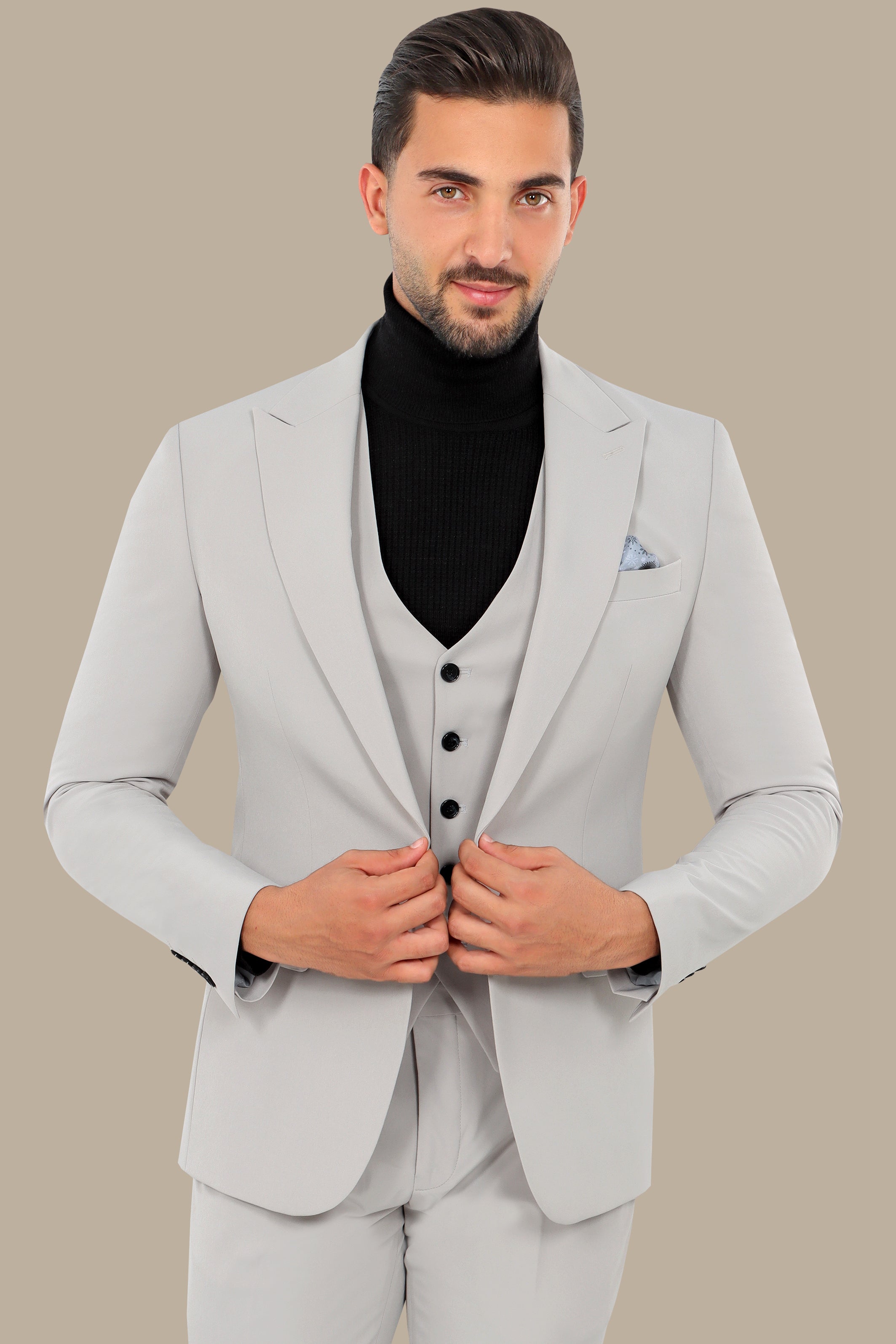 Sleek Comfort: 3-Piece Light Grey Lycra Suit with Peak Lapel