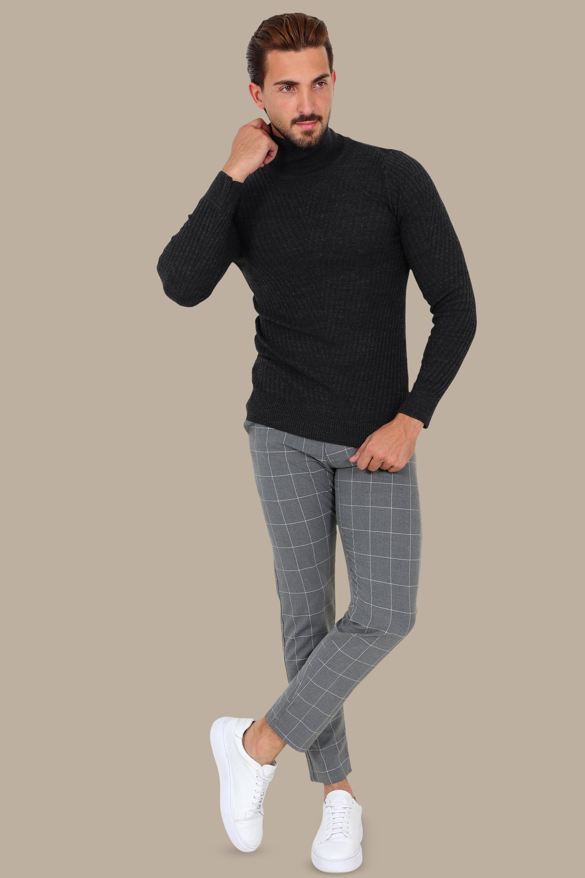 Dark Grey V-Cut Turtleneck with Dogtooth Pattern