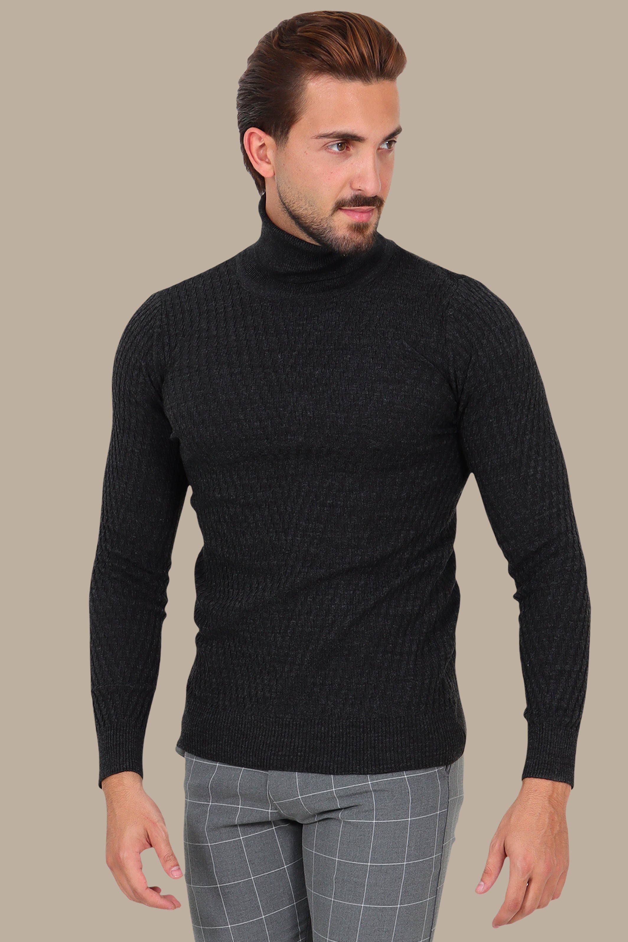 Dark Grey V-Cut Turtleneck with Dogtooth Pattern
