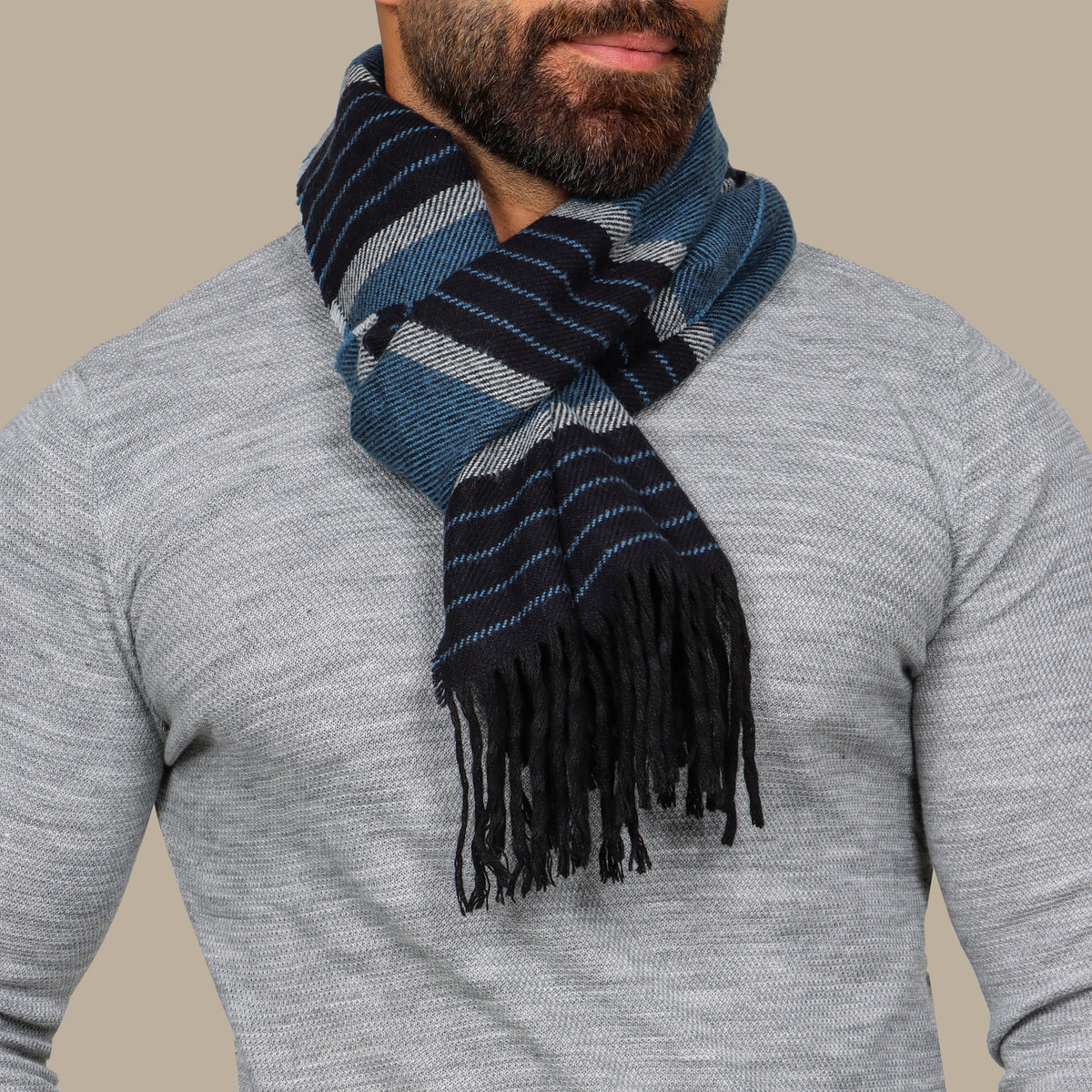 Navy Scarf with Horizontal Turquoise Stripes