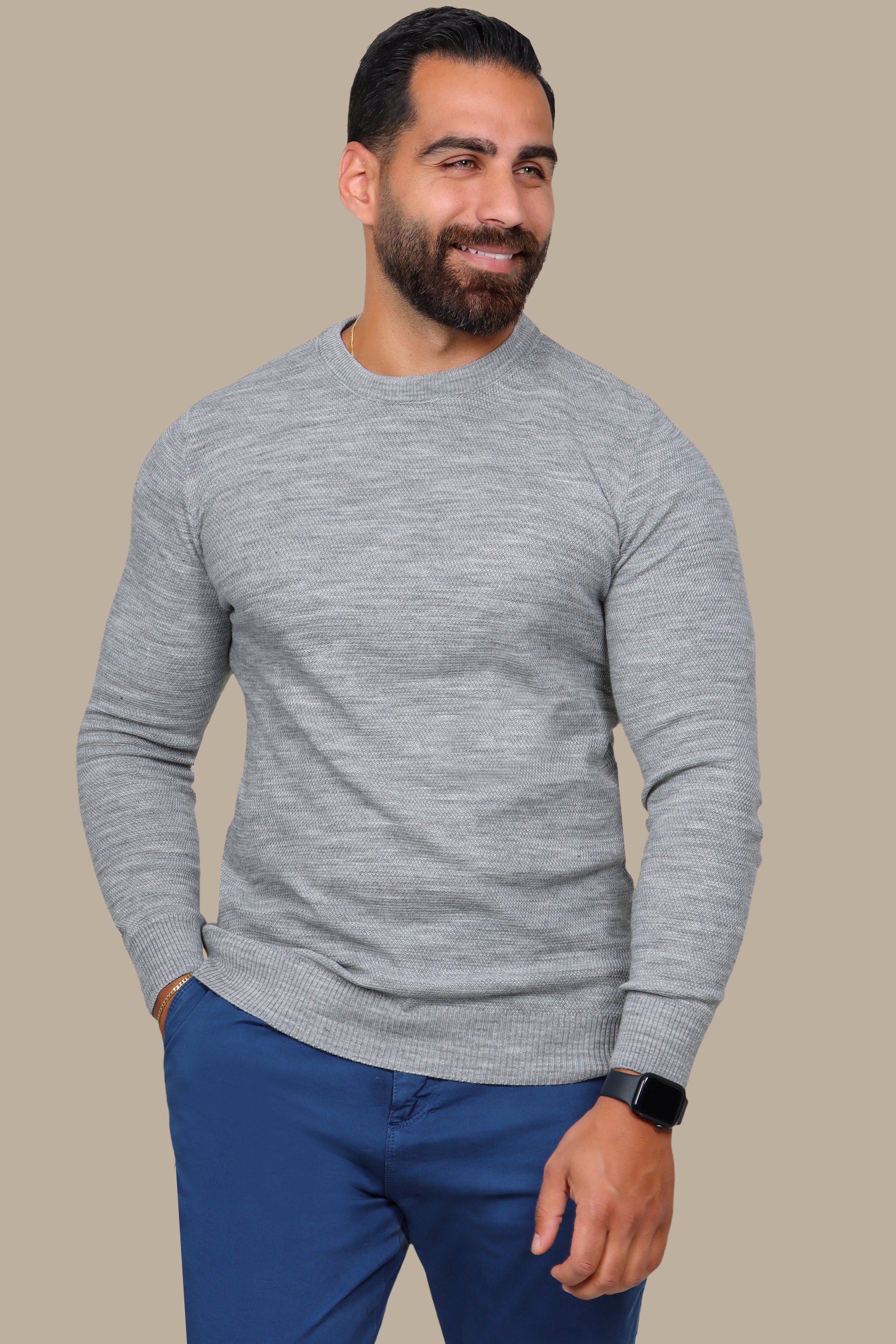 Grey Structured Round Neck Sweater