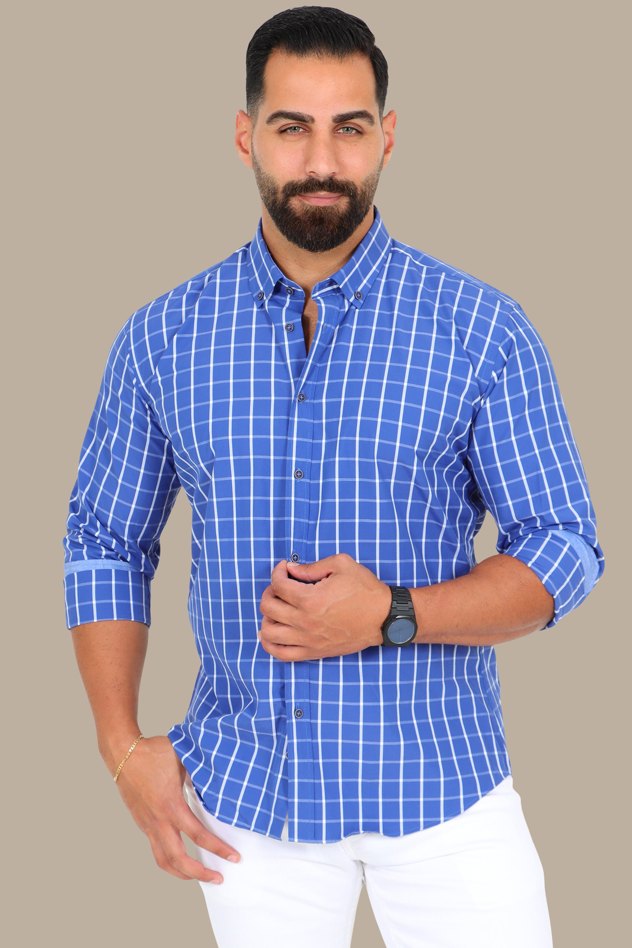 Blue Medium-Check Button-Down Shirt