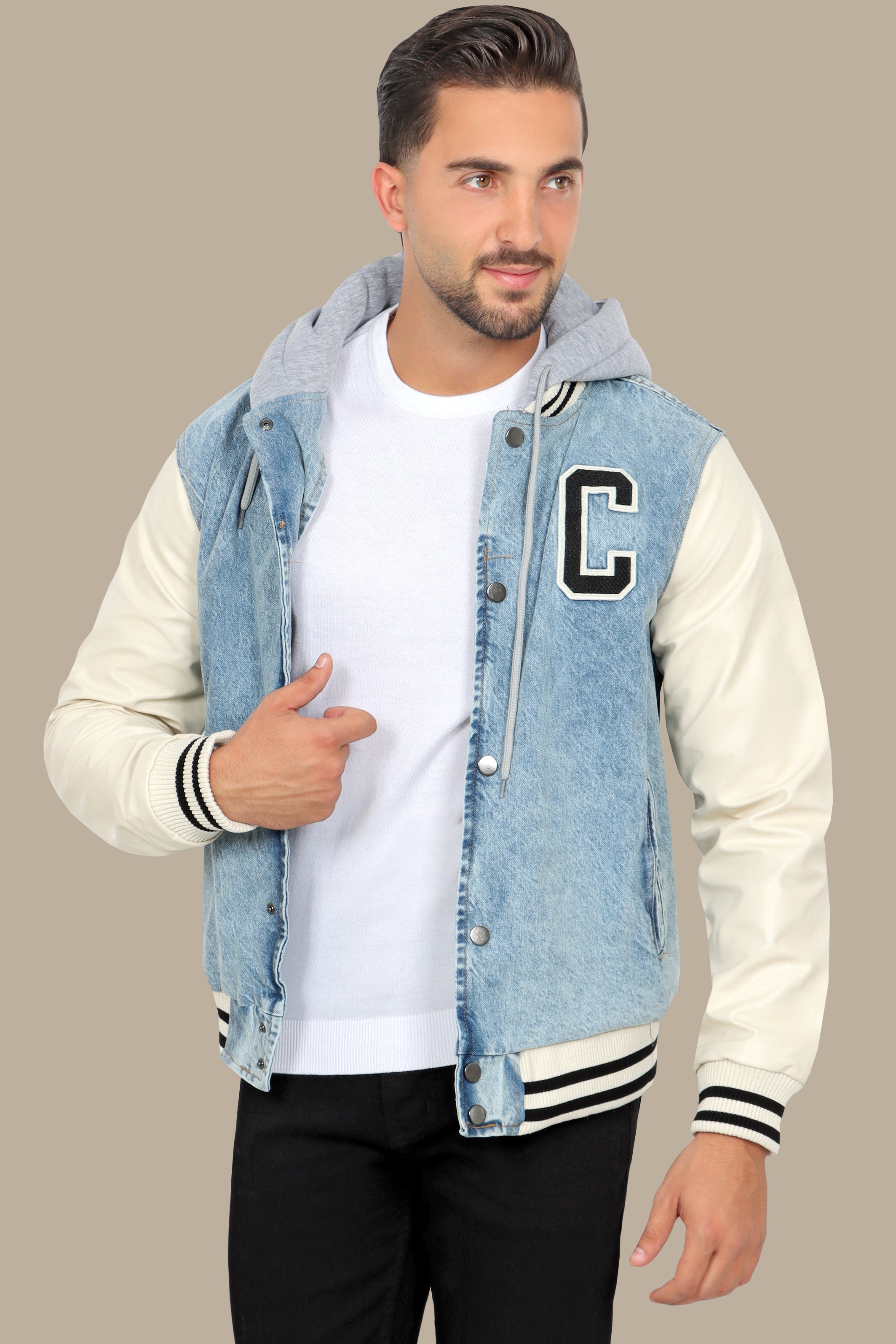 Light Blue Denim Jacket with Beige Leather Sleeves