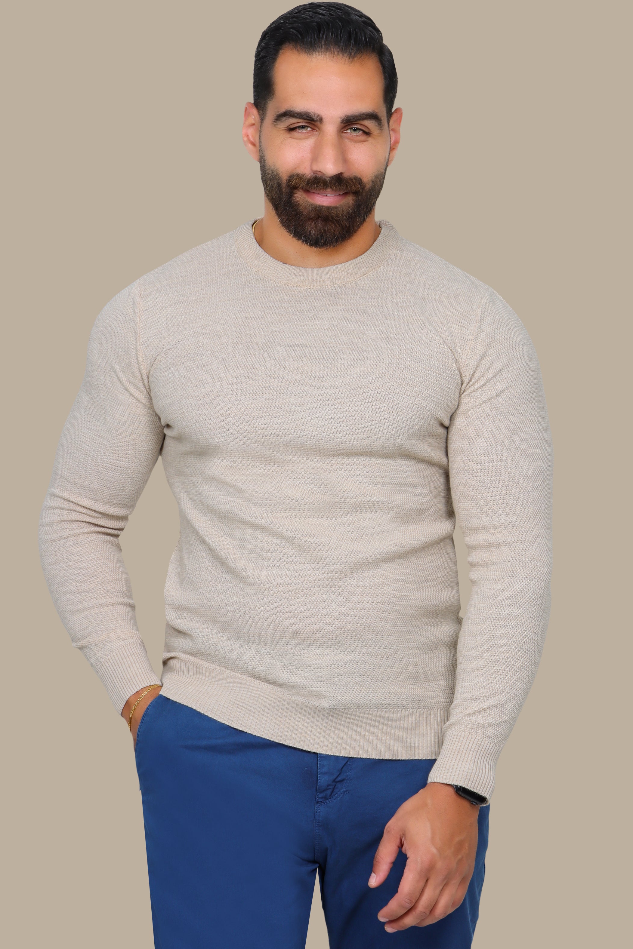 Beige Structured Round Neck Sweater