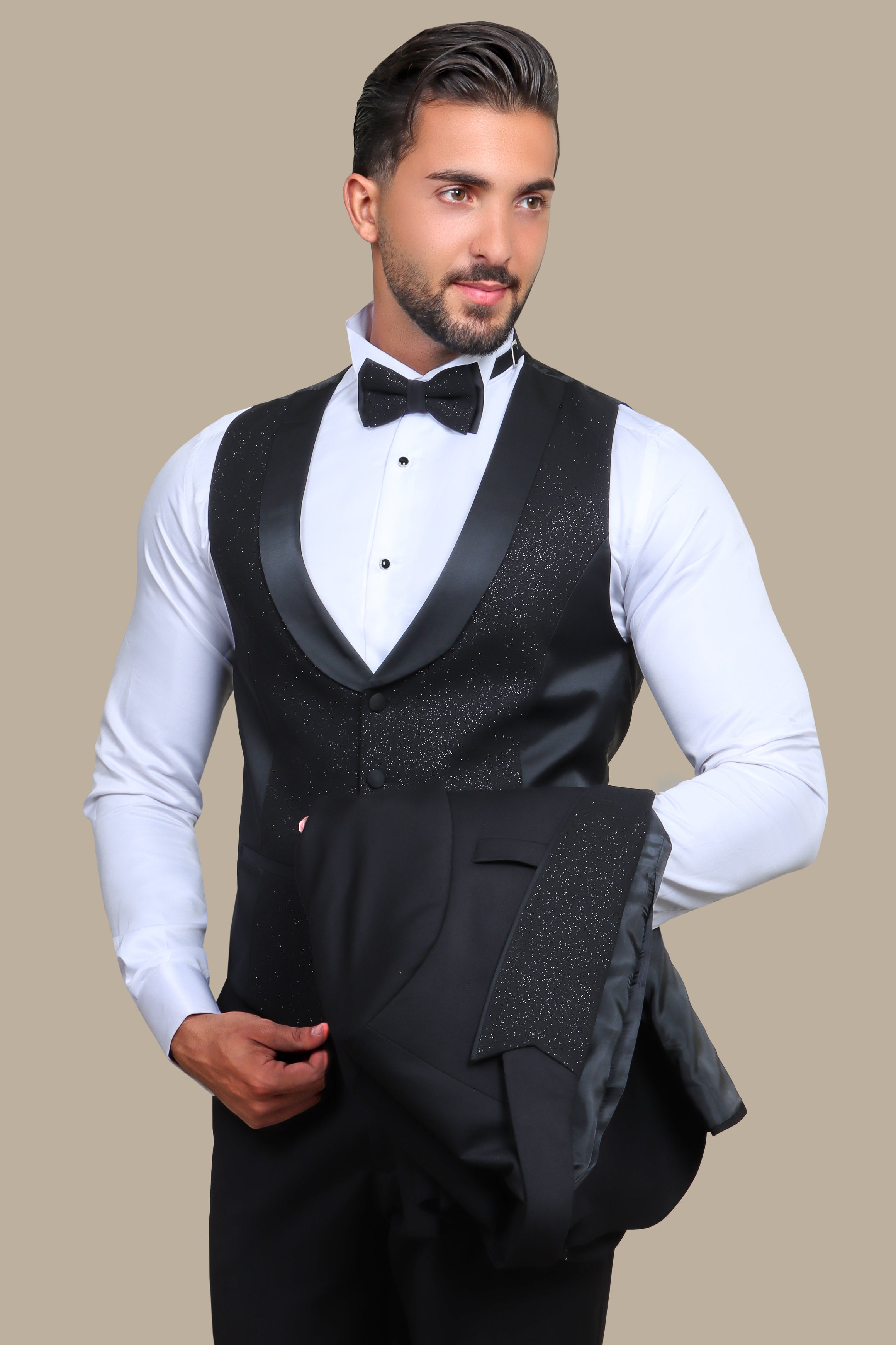 Black Glitter Tuxedo Set with Removable Collar: Effortless Elegance, F