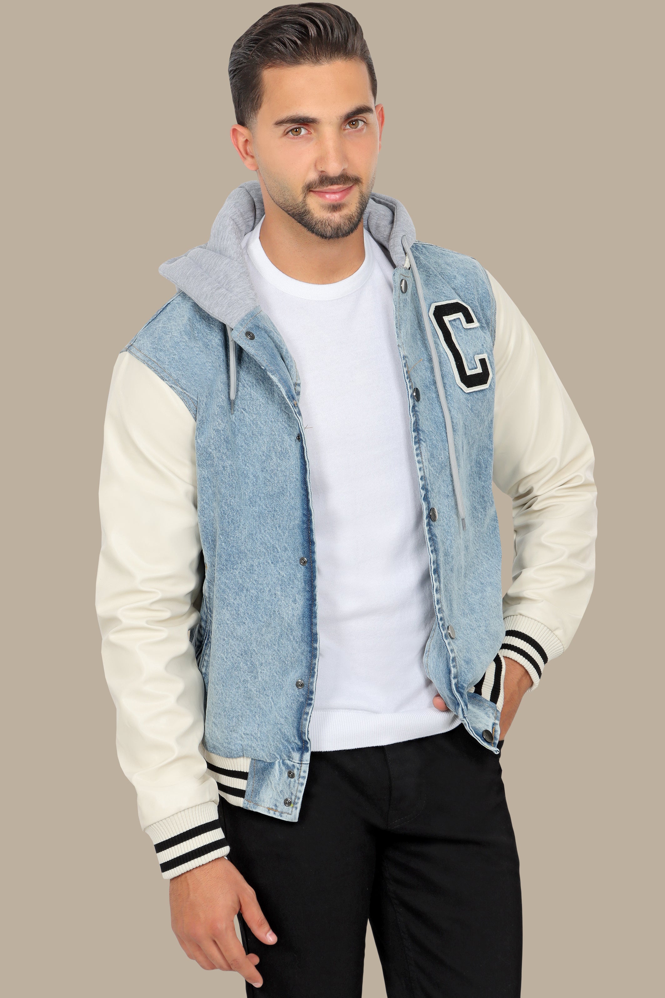 Light Blue Denim Jacket with Beige Leather Sleeves