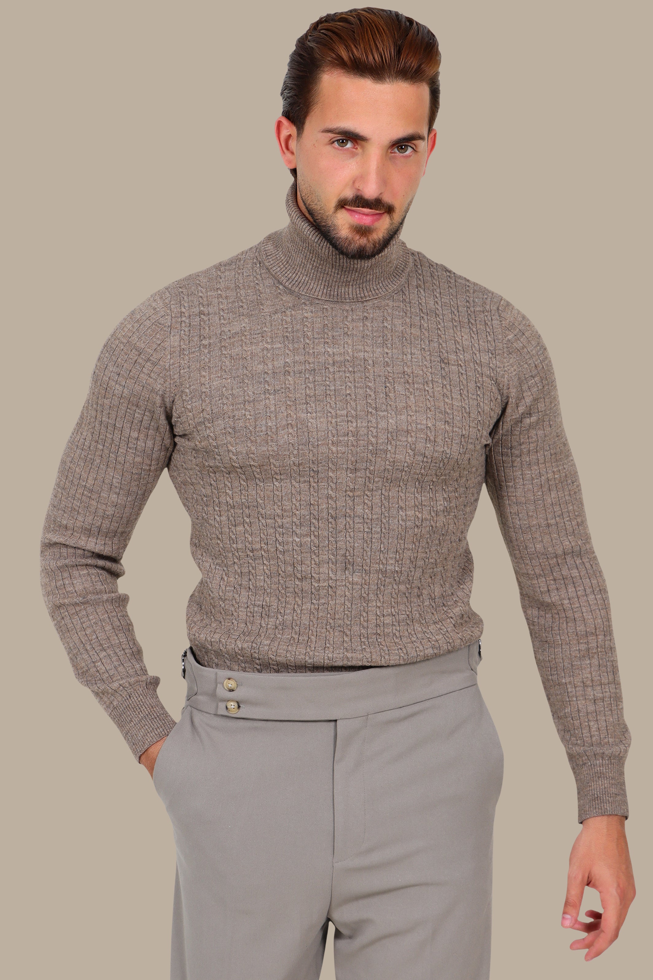 Mocha Braided Vertical Turtleneck Sweater