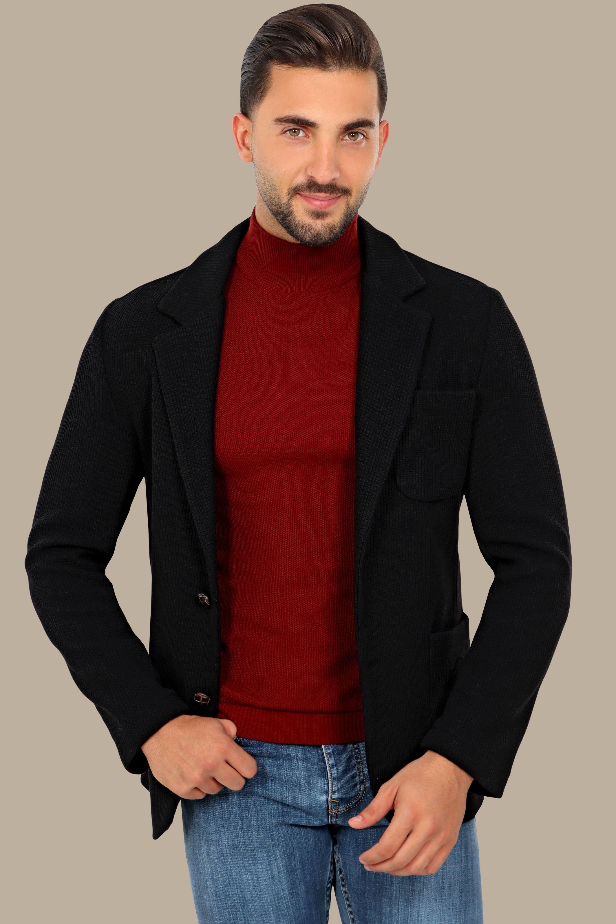 Black Cotton Mercerized Blazer with Notch Lapel