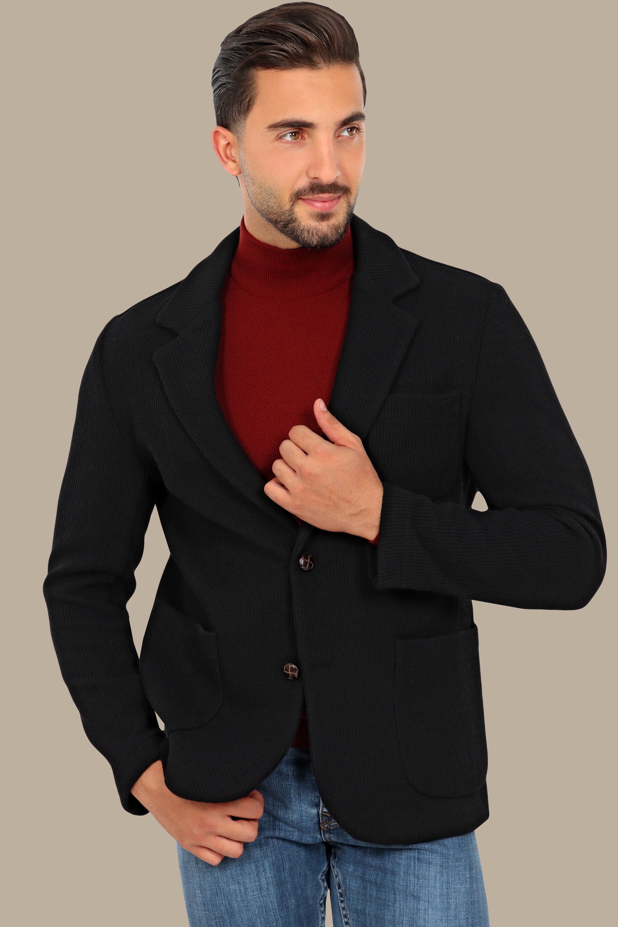 Black Cotton Mercerized Blazer with Notch Lapel