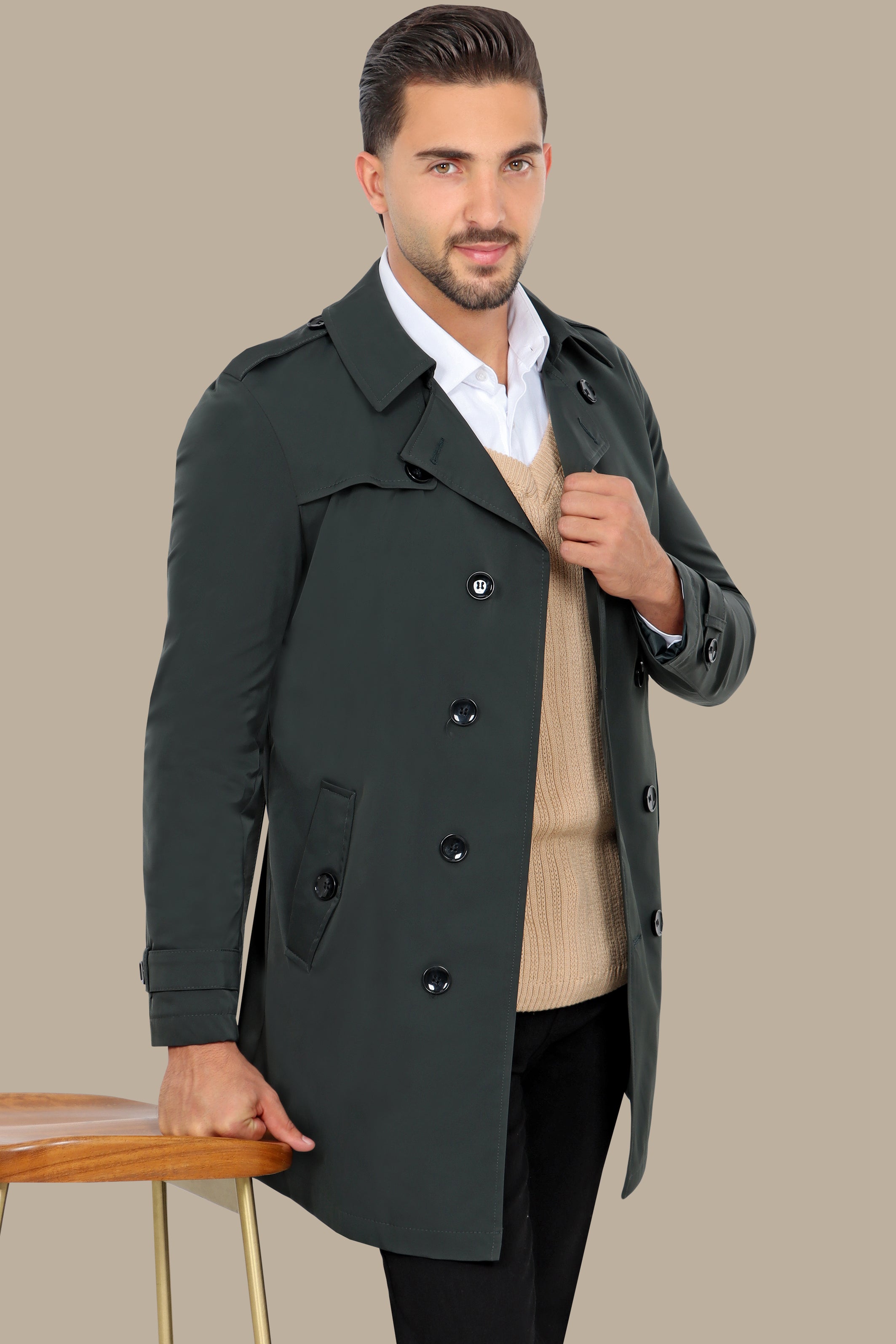 Classic Double-Breasted Green Trench Coat