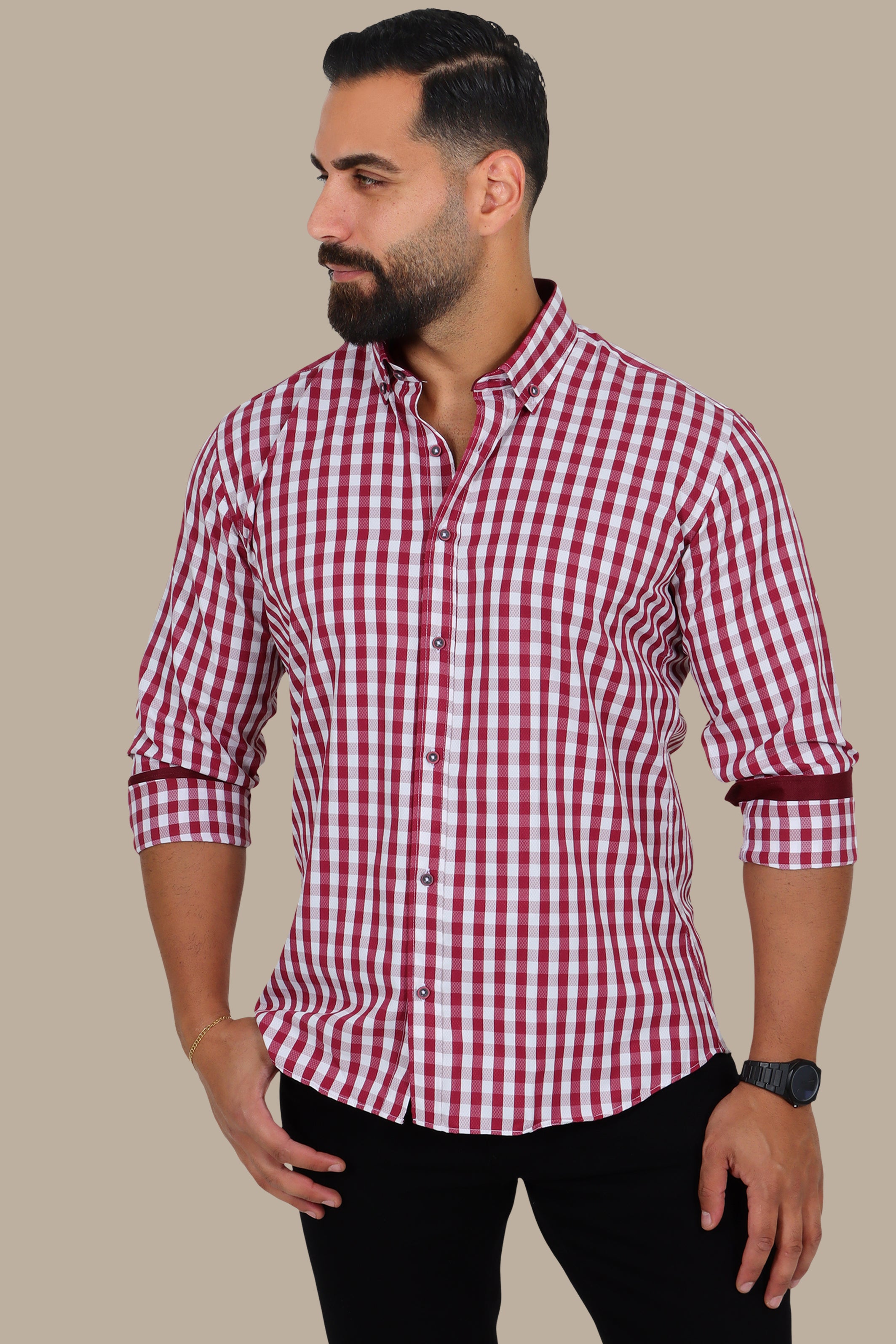 Burgundy Gingham Button-Down Shirt