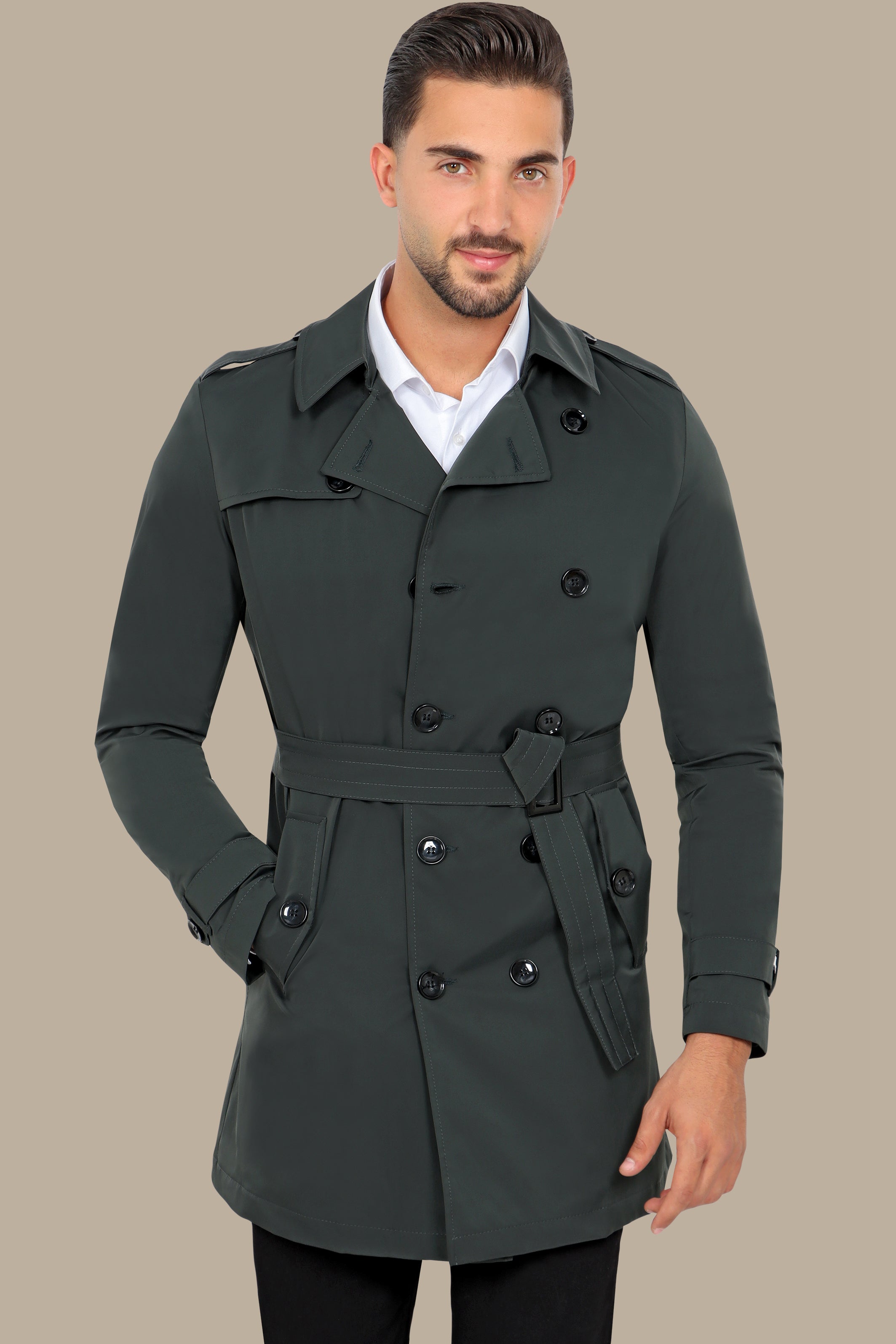 Classic Double-Breasted Green Trench Coat