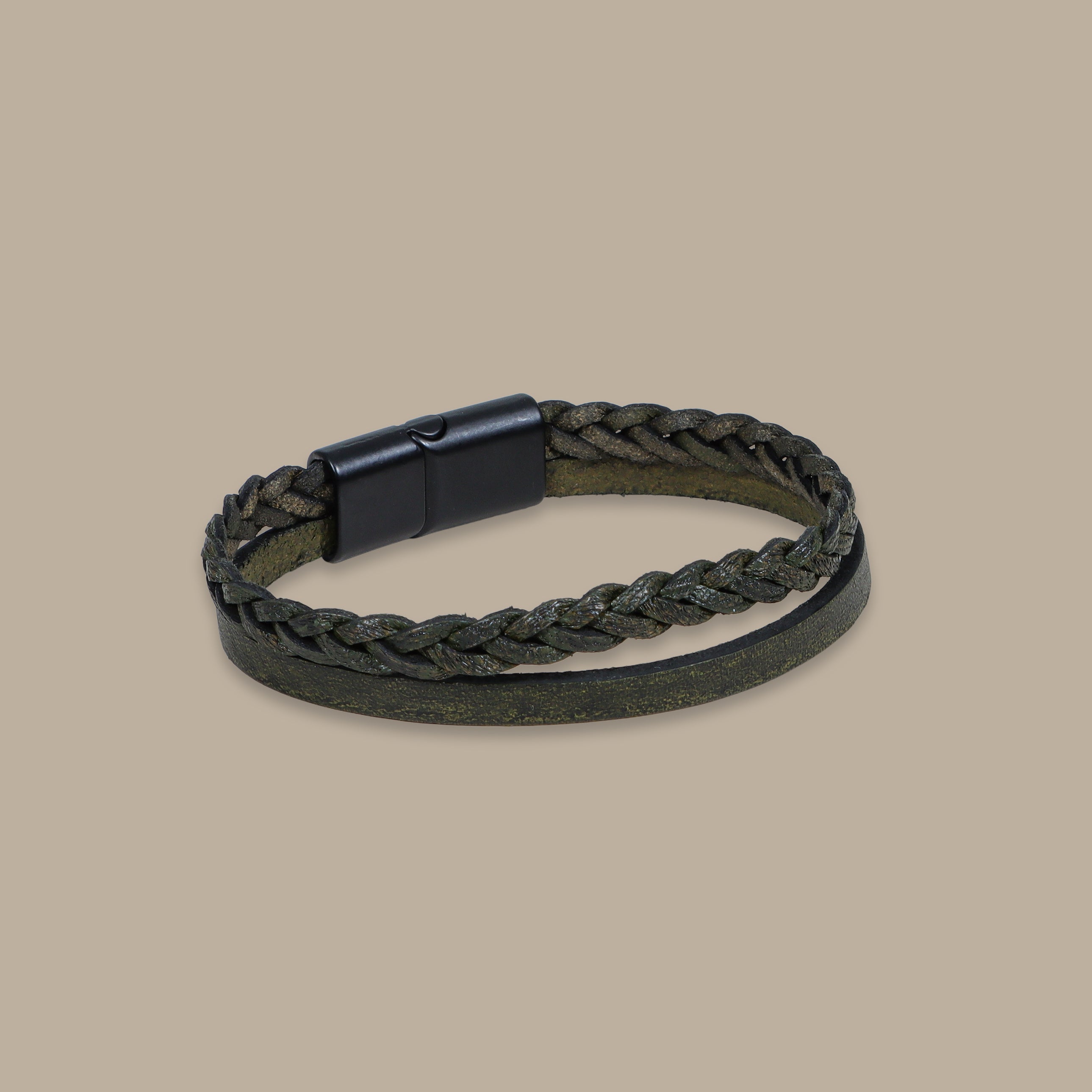 Khaki Three-Layer Leather Bracelet