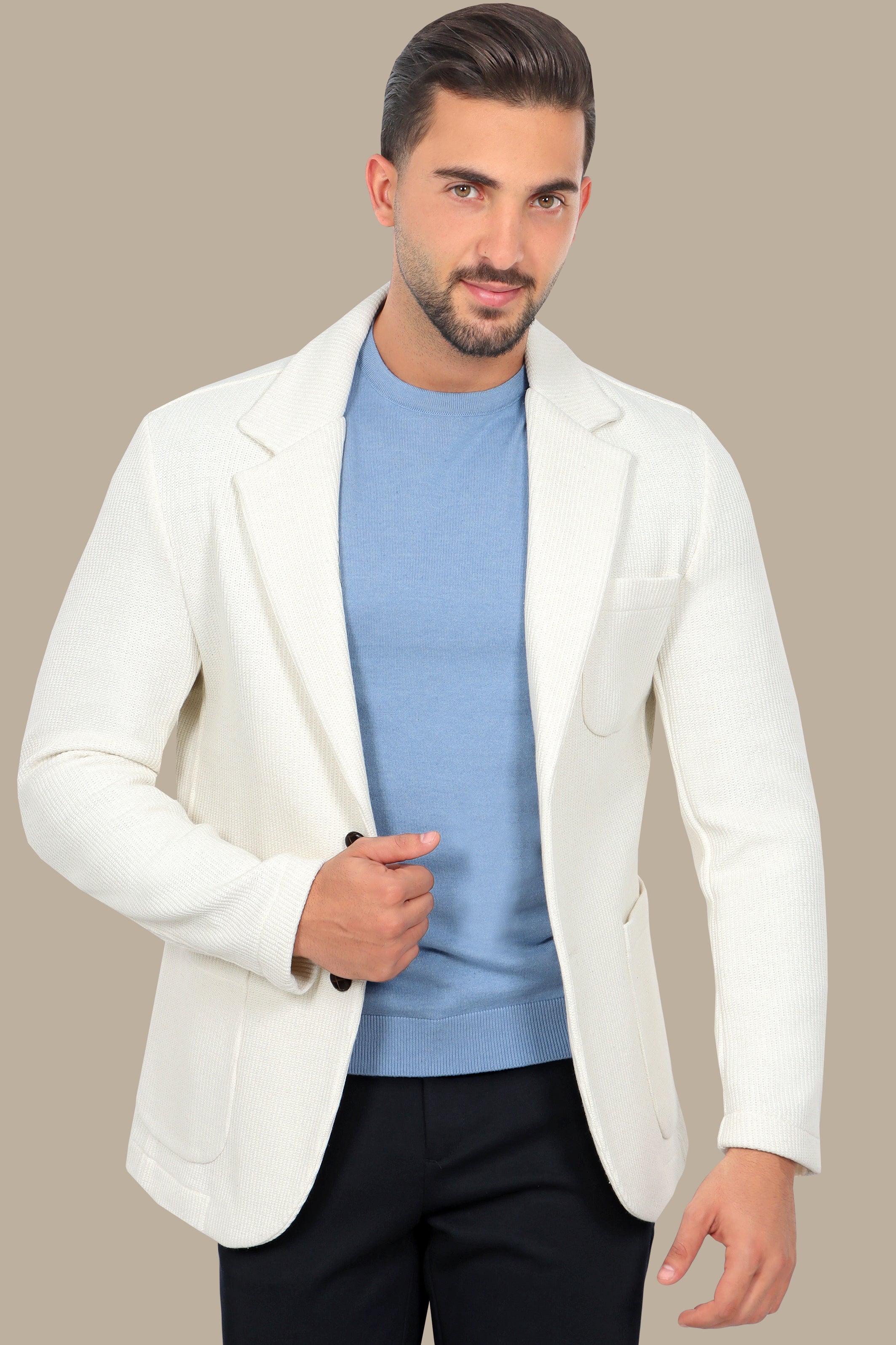 White Cotton Mercerized Blazer with Notch Lapel