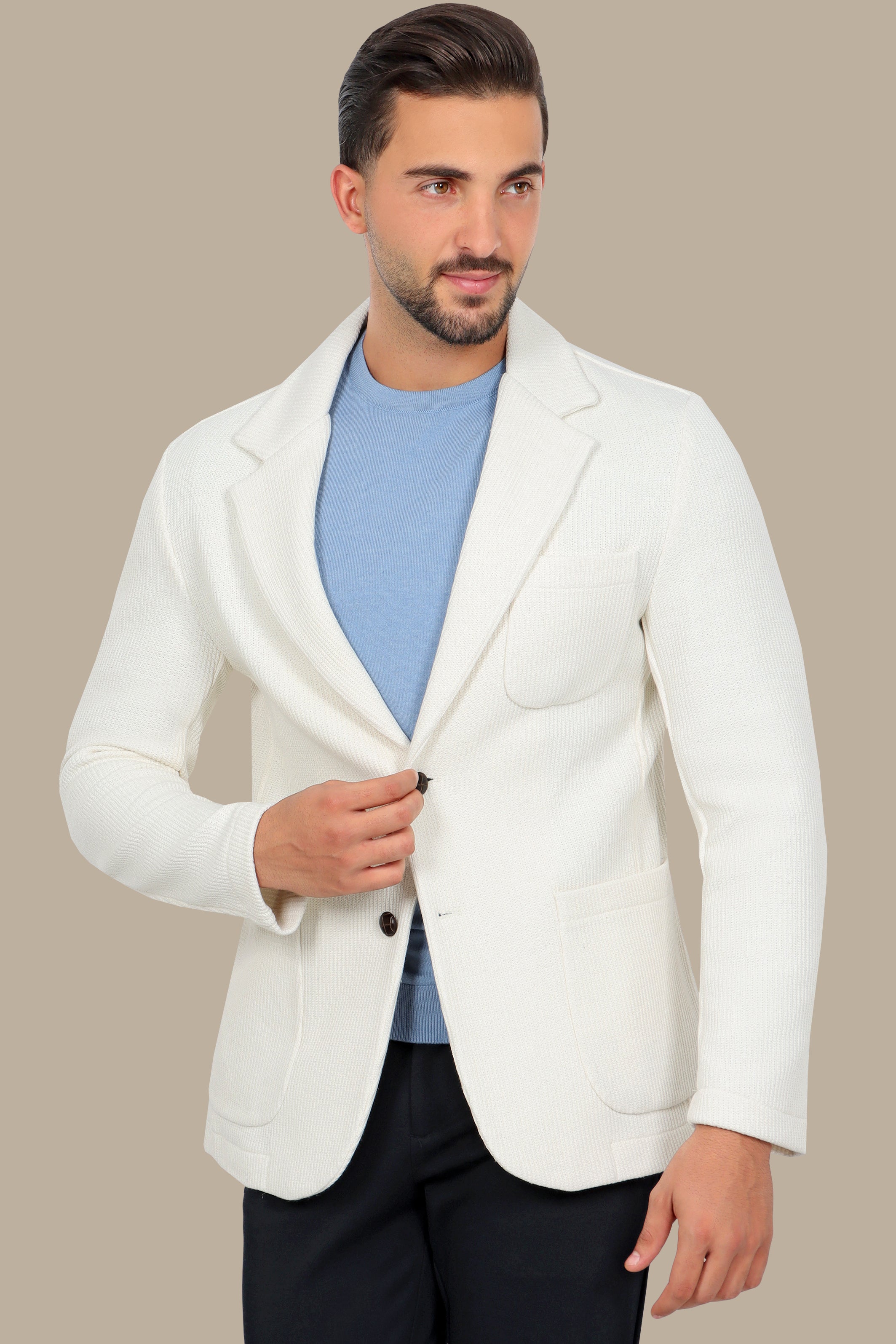 White Cotton Mercerized Blazer with Notch Lapel