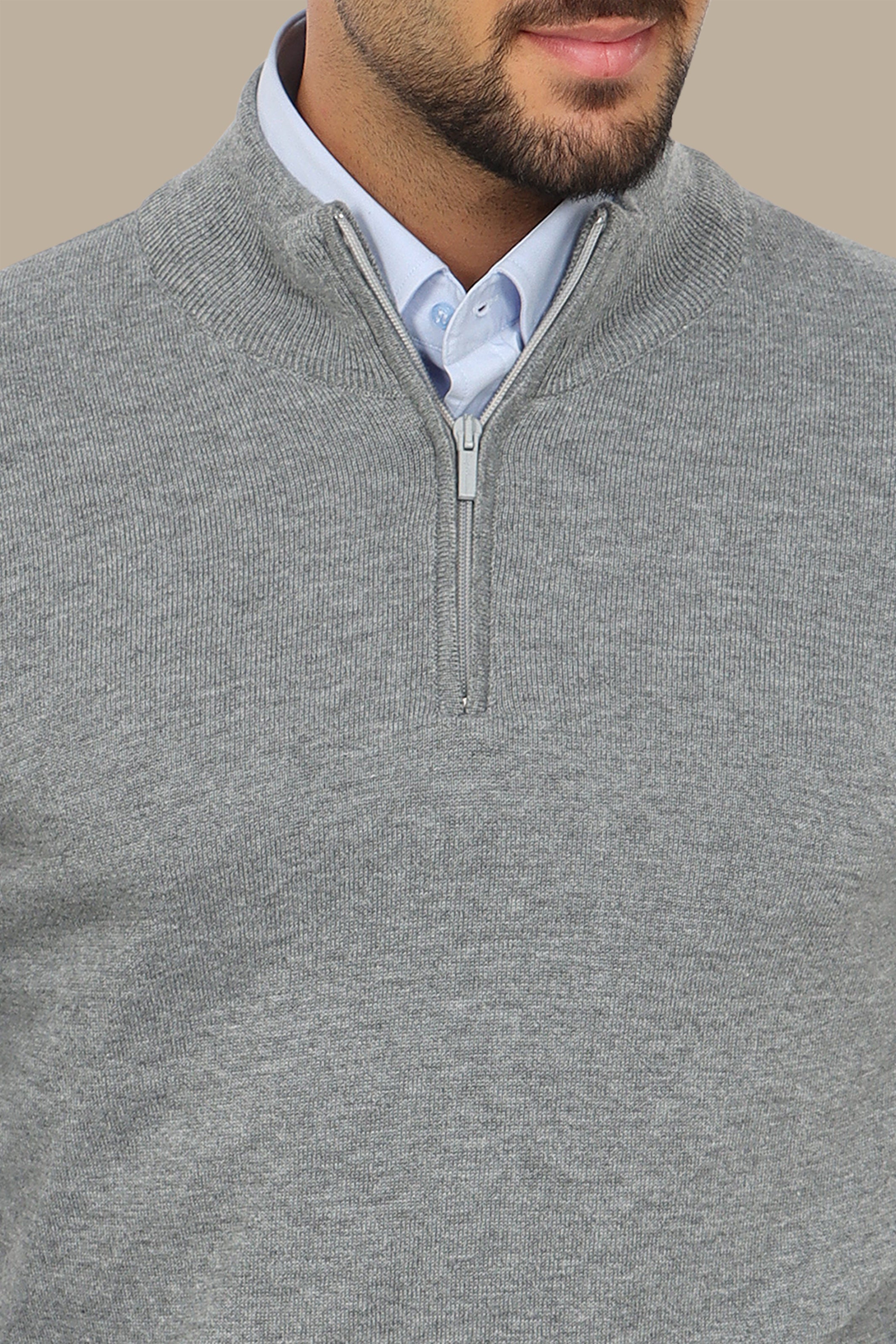 Grey Cotton Sweater with Half Zipper