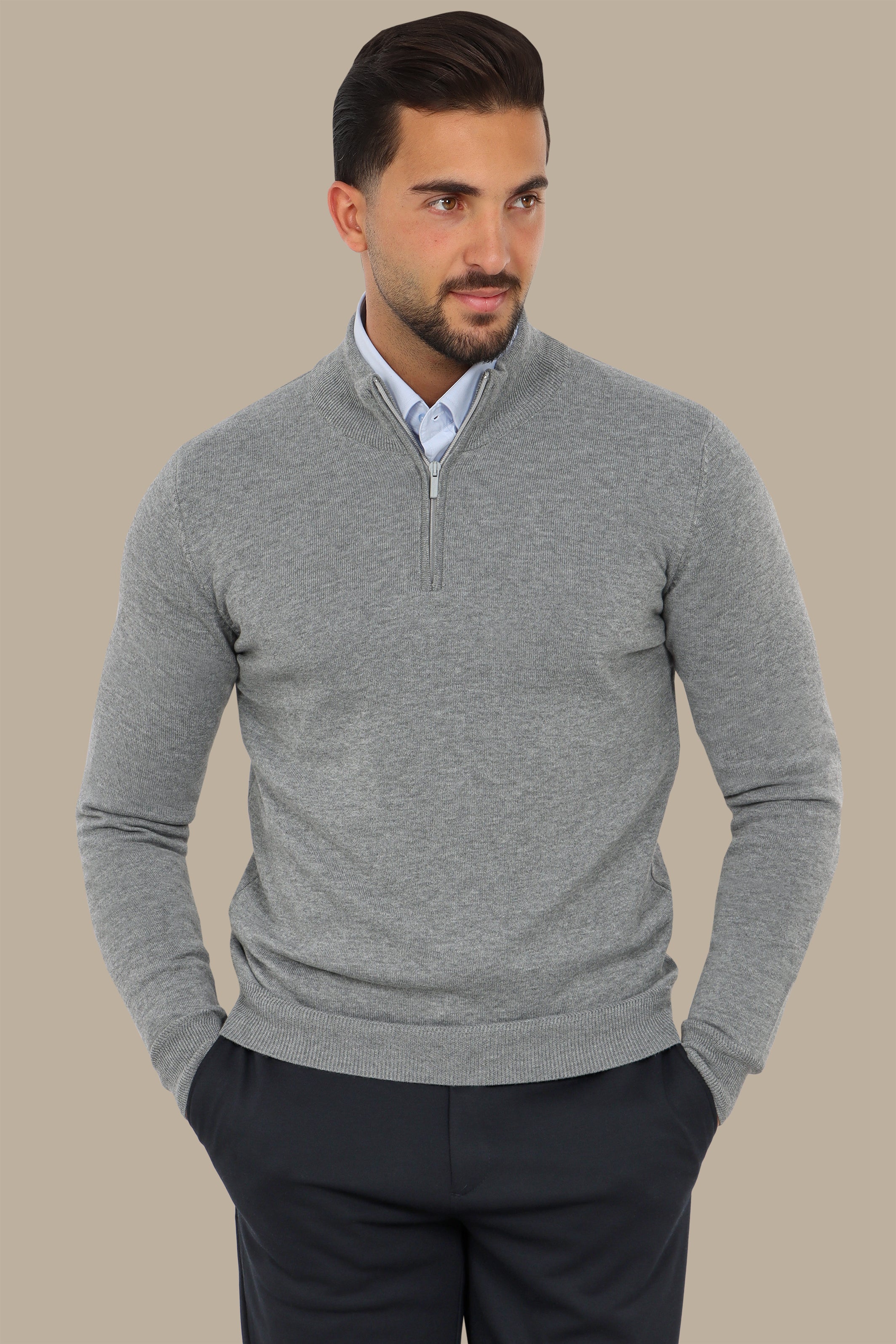 Grey Cotton Sweater with Half Zipper