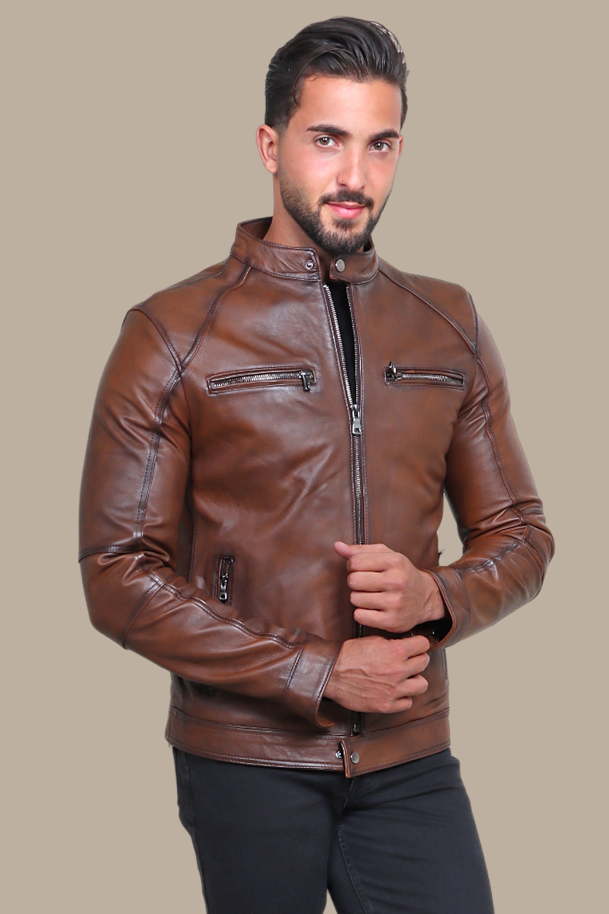 Havane Leather Collar Jacket with Four Zippers