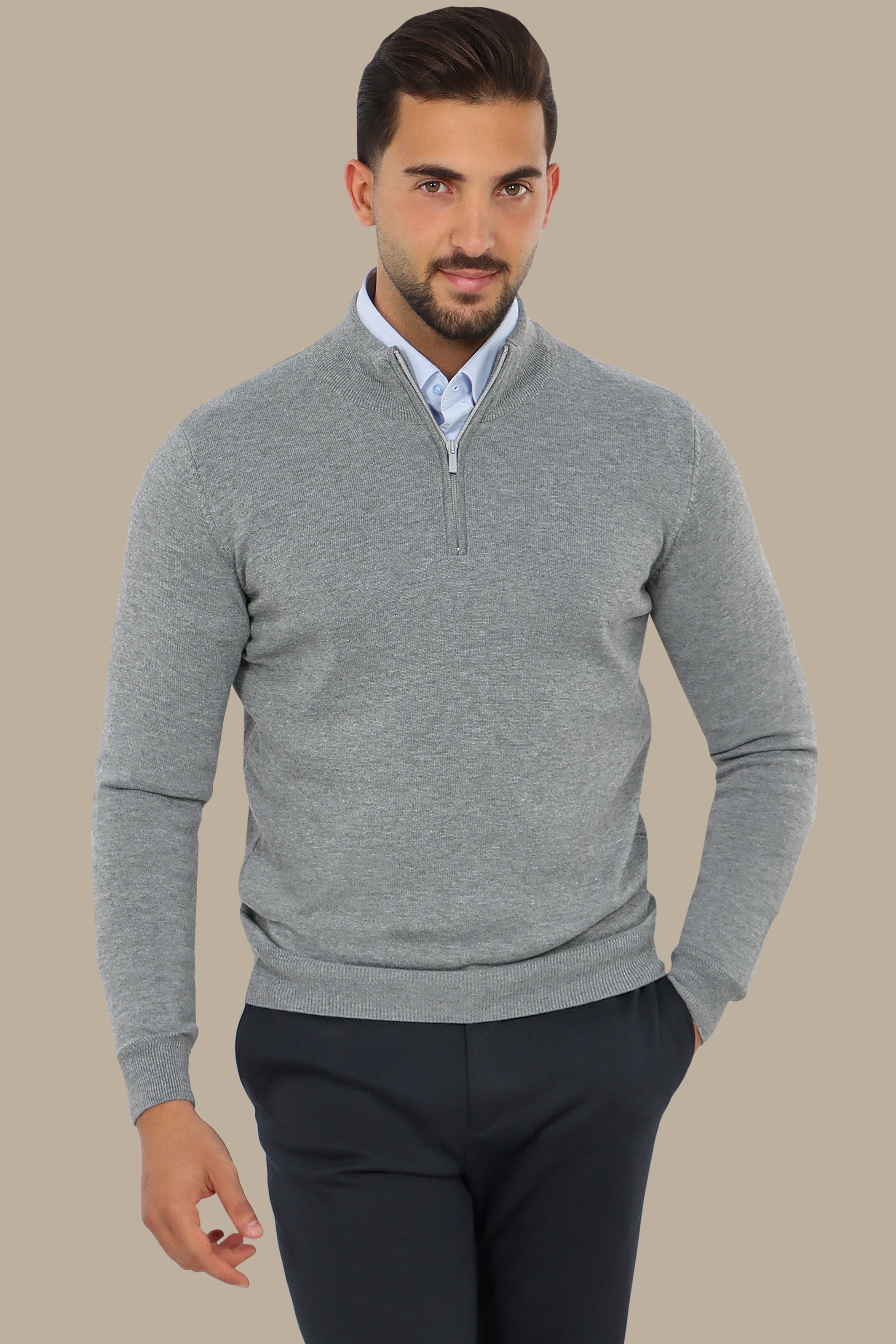 Grey Cotton Sweater with Half Zipper