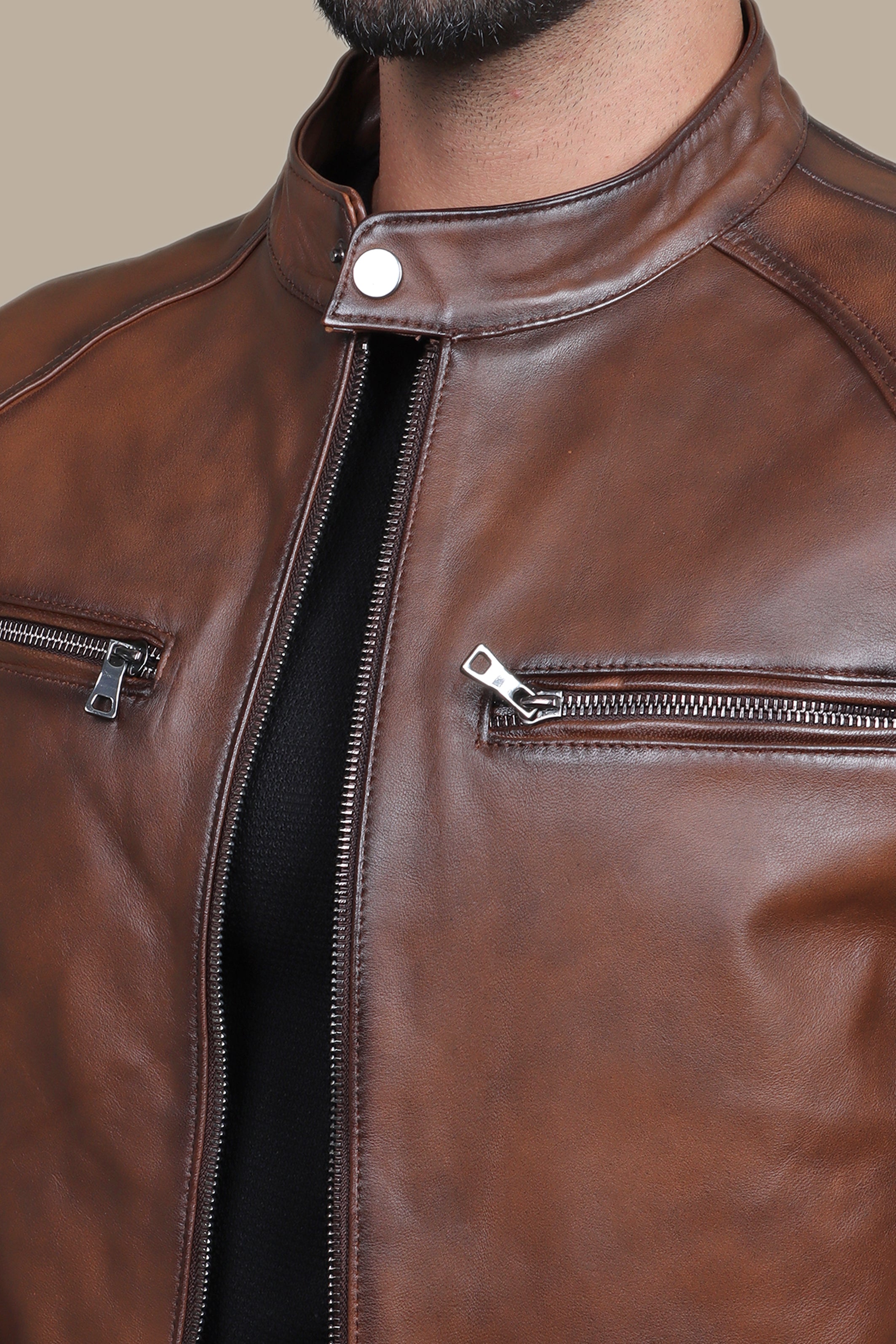 Havane Leather Collar Jacket with Four Zippers