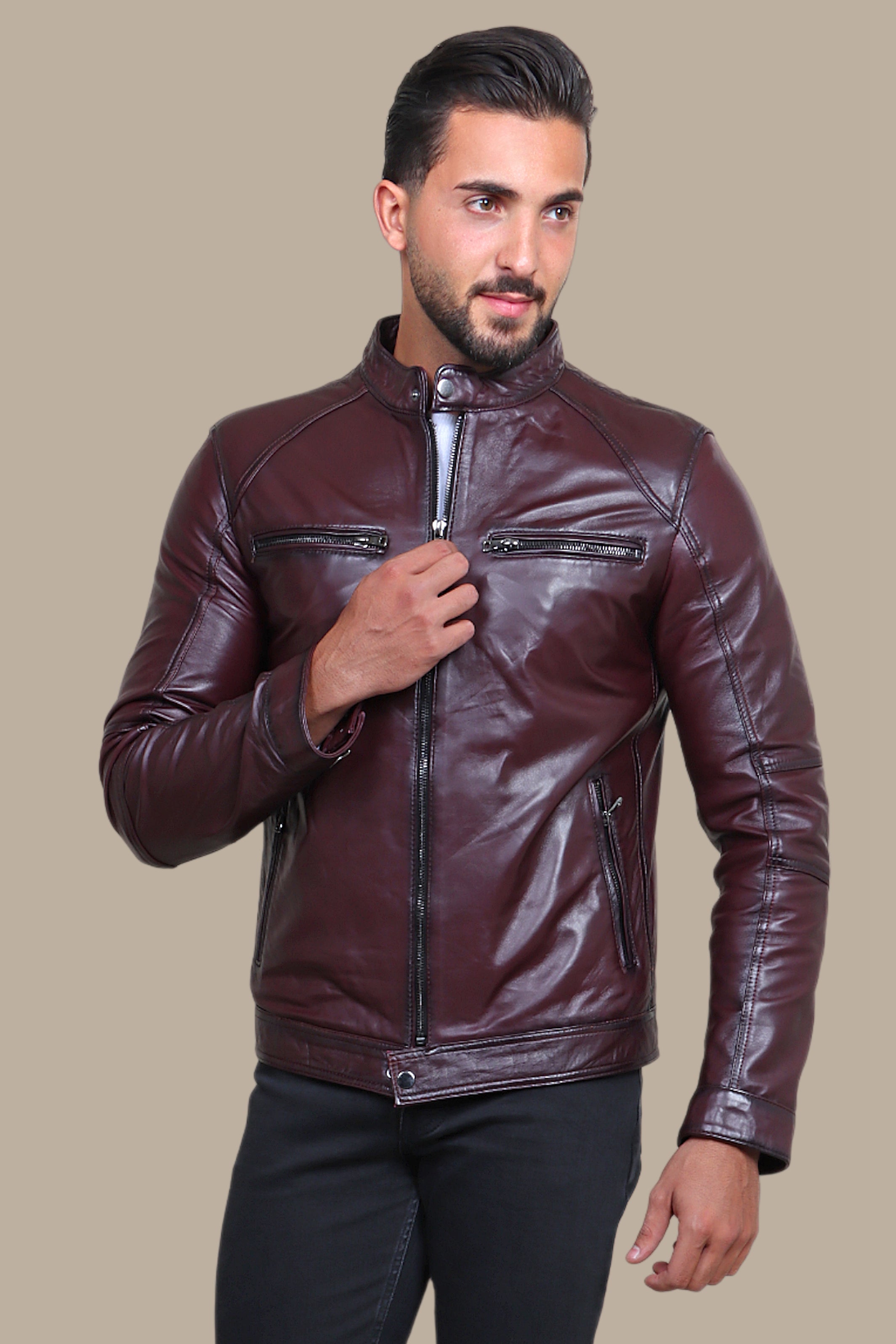 Burgundy Blaze: Leather Collar Jacket with Quadruple Zippers