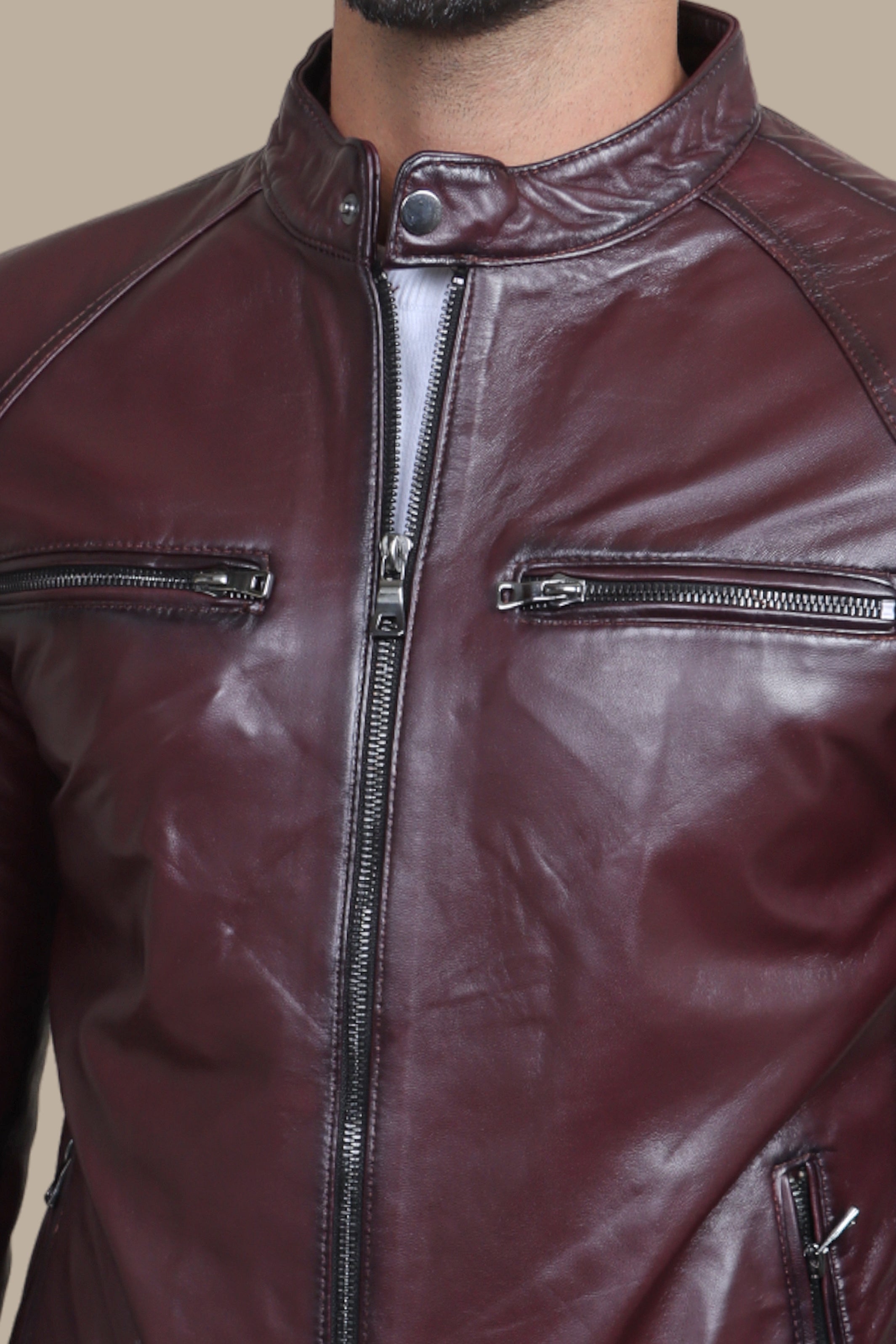 Burgundy Blaze: Leather Collar Jacket with Quadruple Zippers