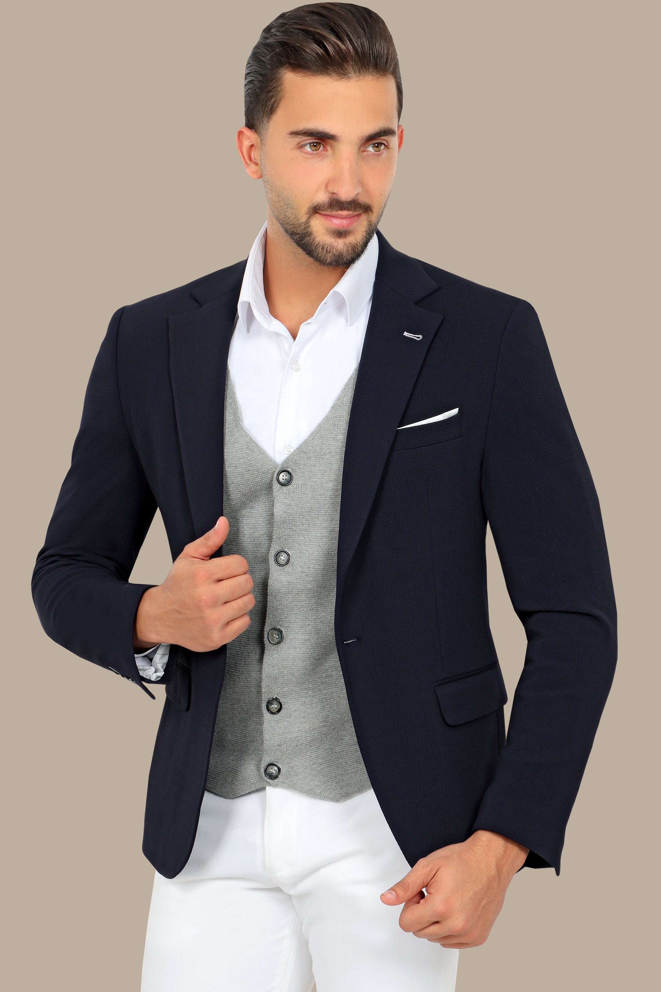 Nautical Elegance: Navy Blazer with Structured Notch Lapel