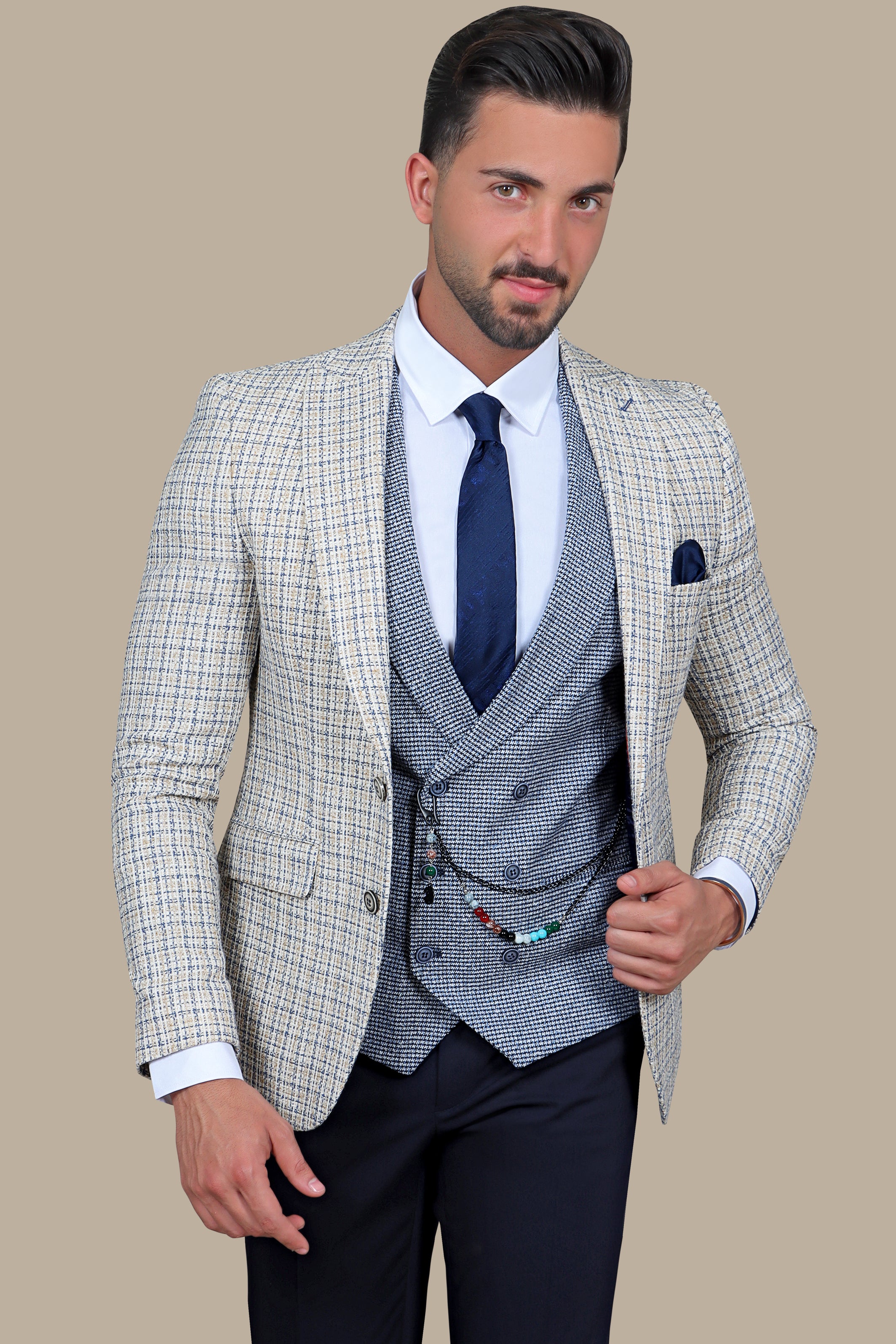 Beige Brilliance: The Ultimate Checked Mix and Match 3-Piece Suit