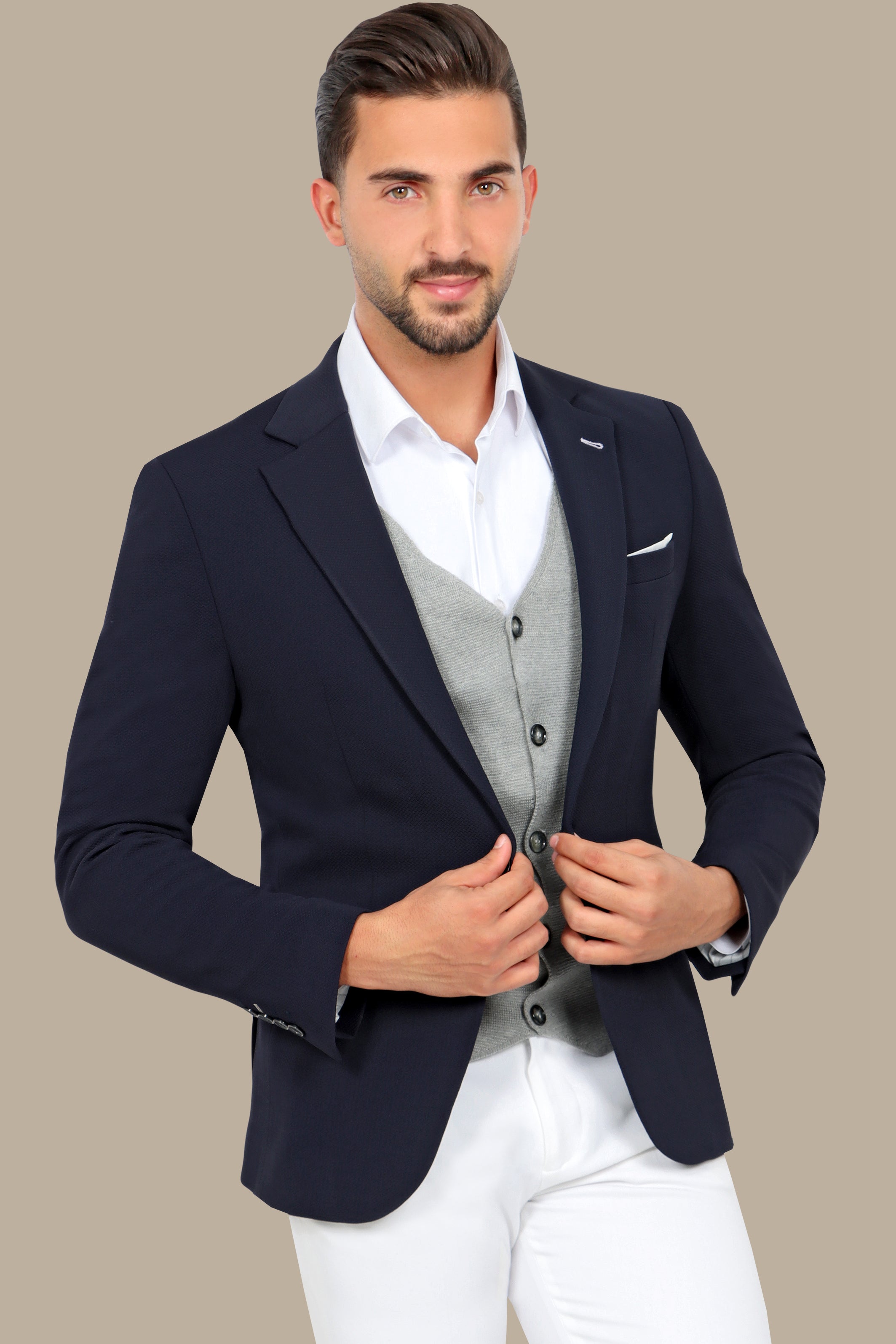 Nautical Elegance: Navy Blazer with Structured Notch Lapel