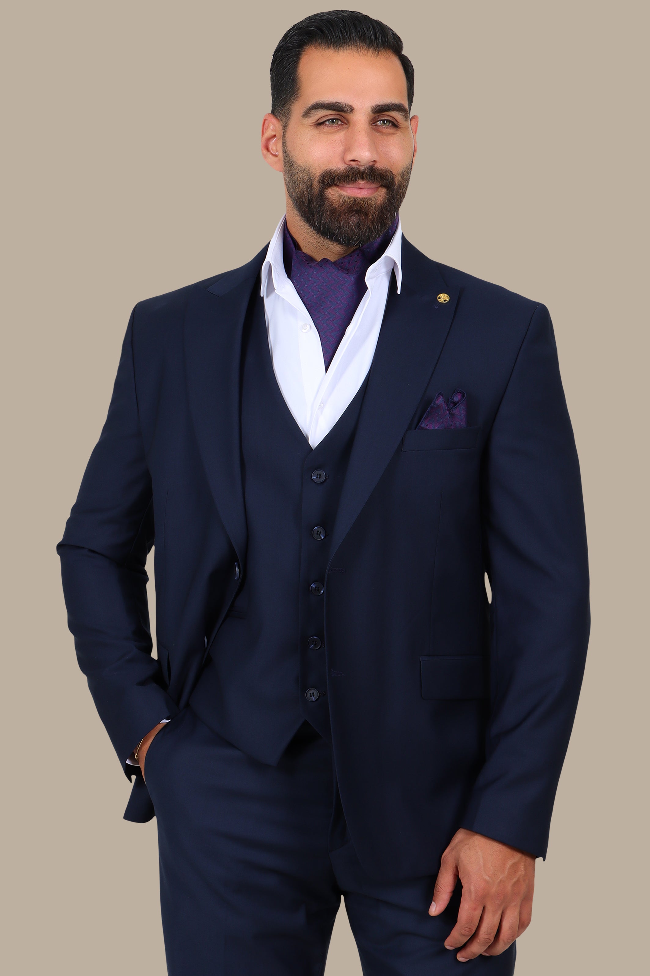 Navy Blue 3-Piece Peak Lapel Suit