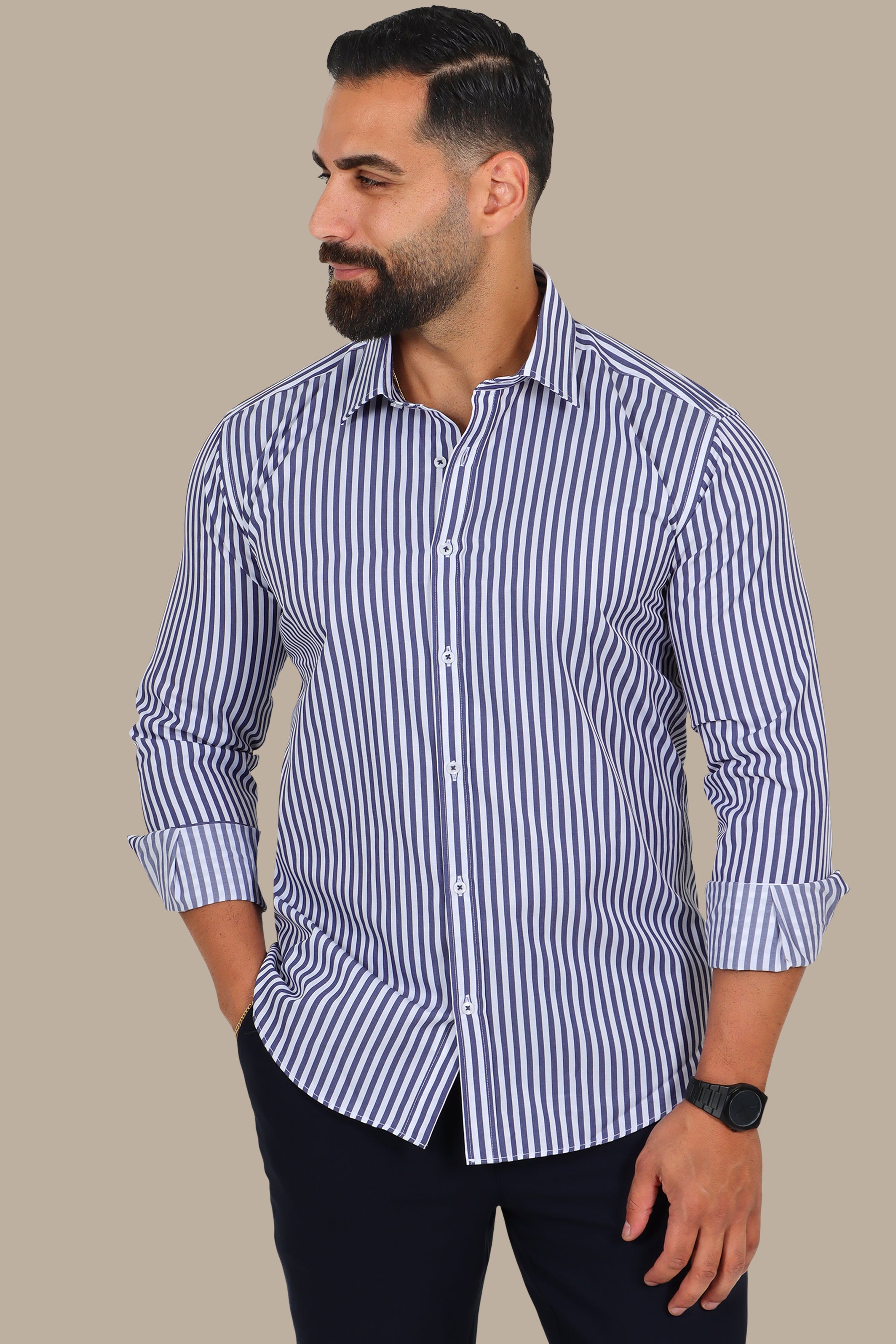 Navy Shirt – Medium Classic Pinstripes