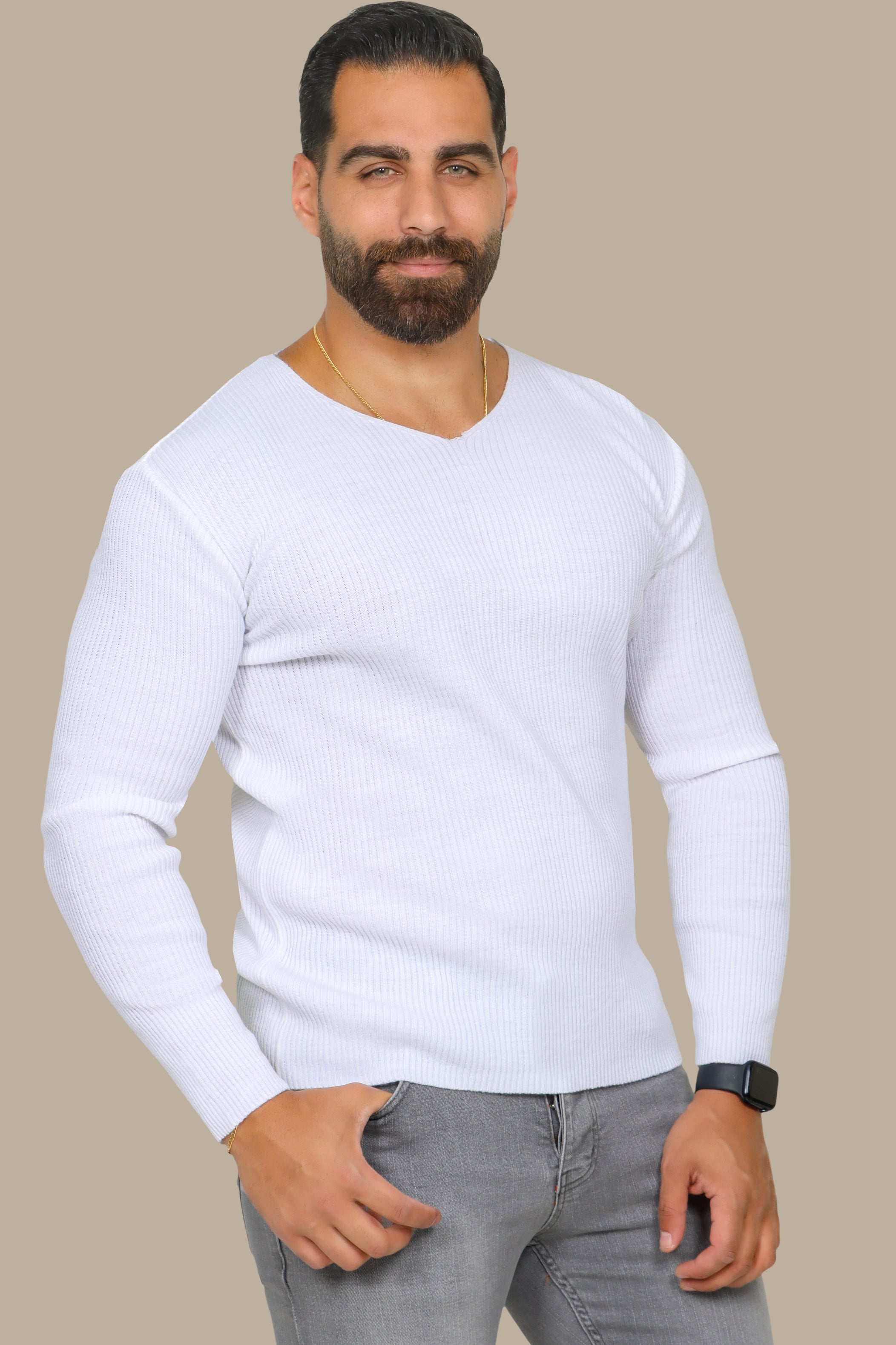 Classic Elegance: White Ribbed V-Neck Sweater