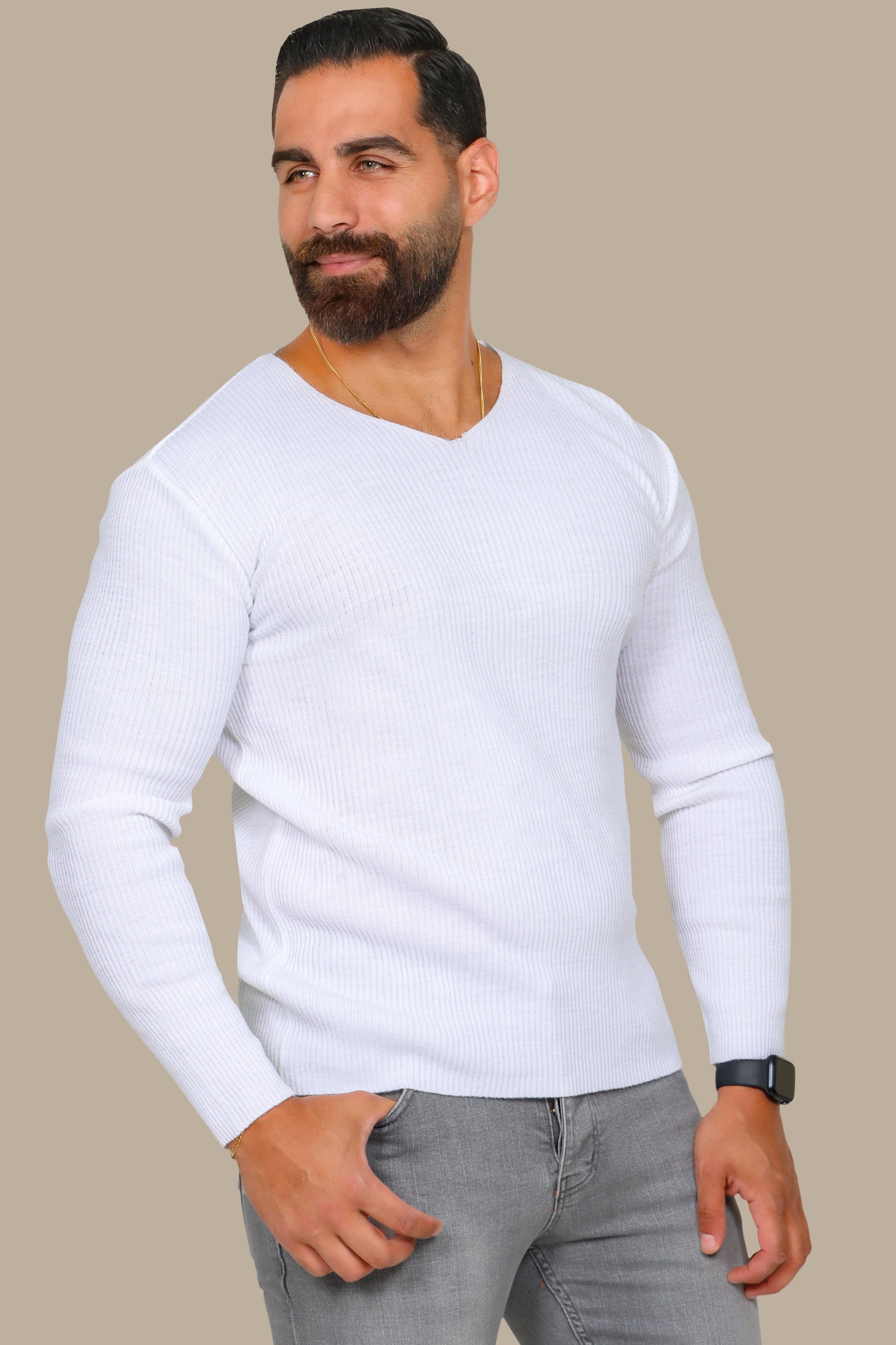 Classic Elegance: White Ribbed V-Neck Sweater