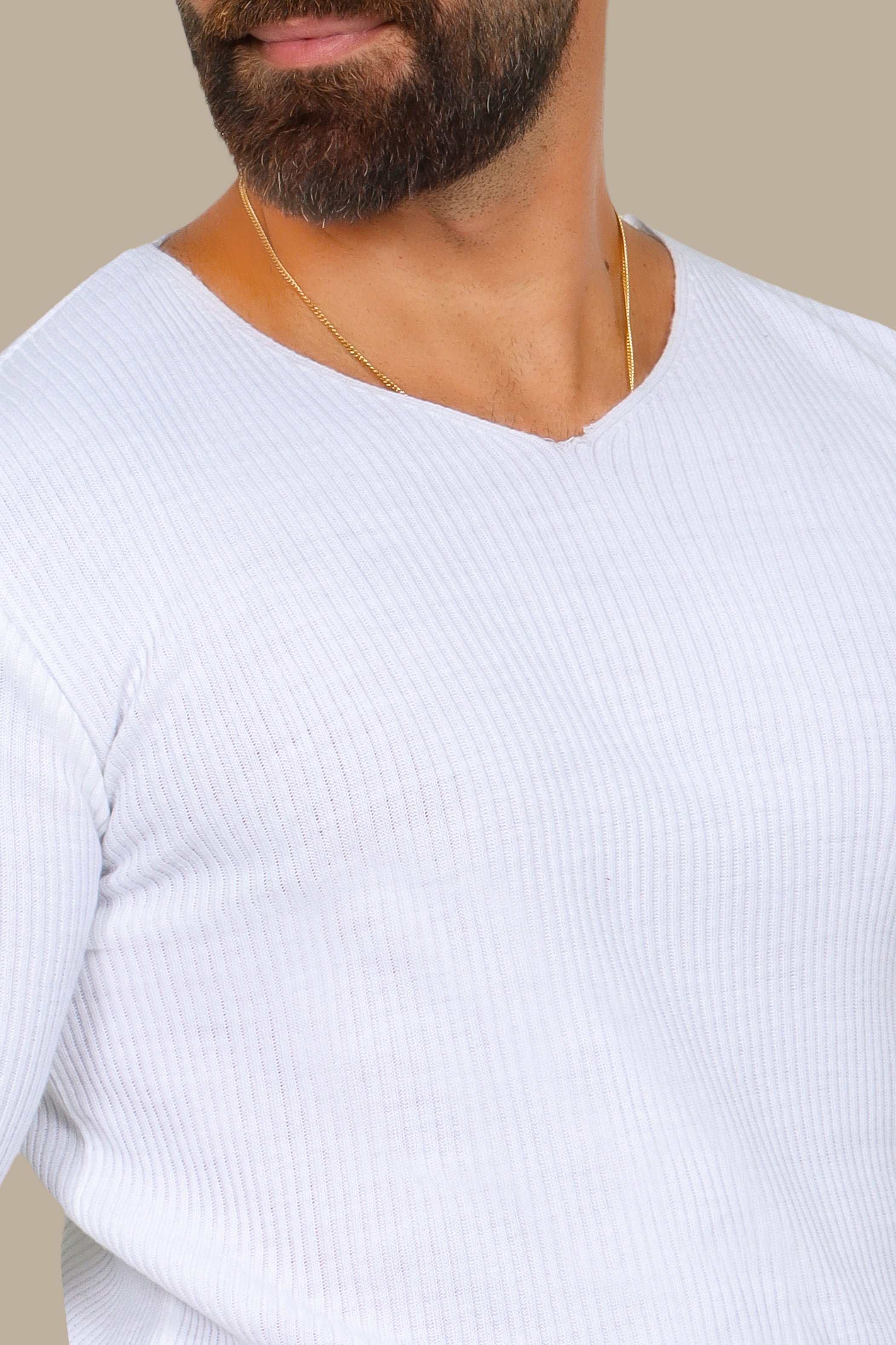 Classic Elegance: White Ribbed V-Neck Sweater