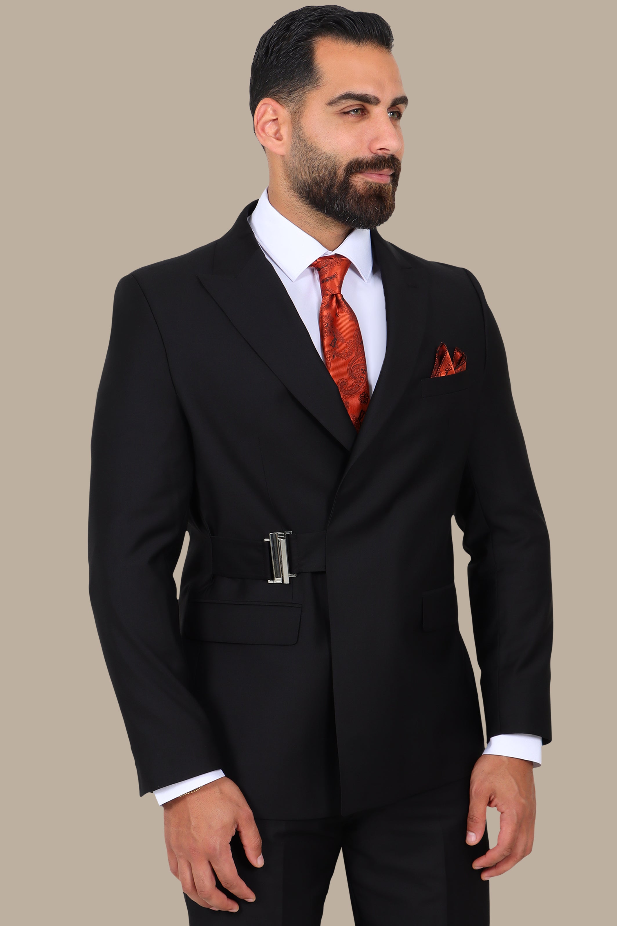 Black Peak Lapel Suit with Side Buckle