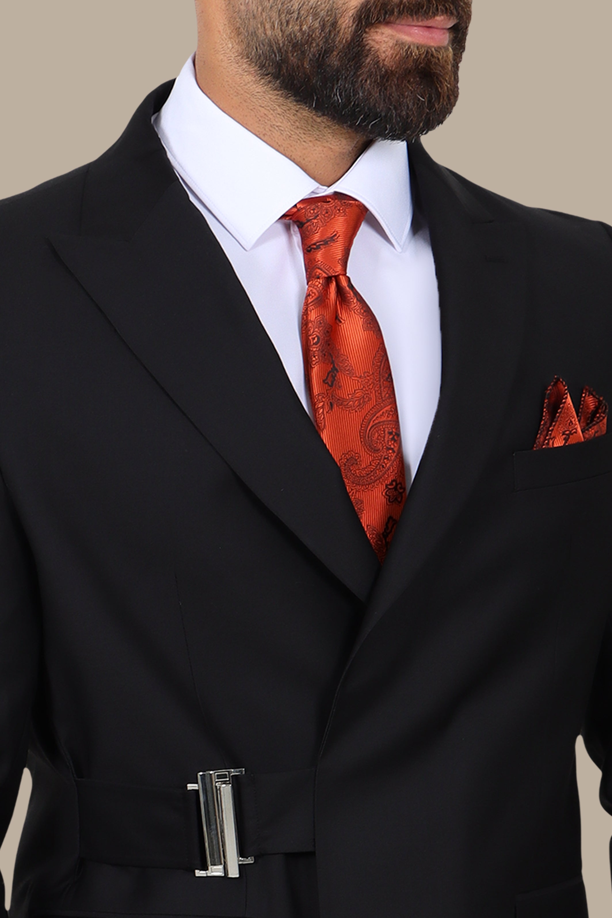 Black Peak Lapel Suit with Side Buckle