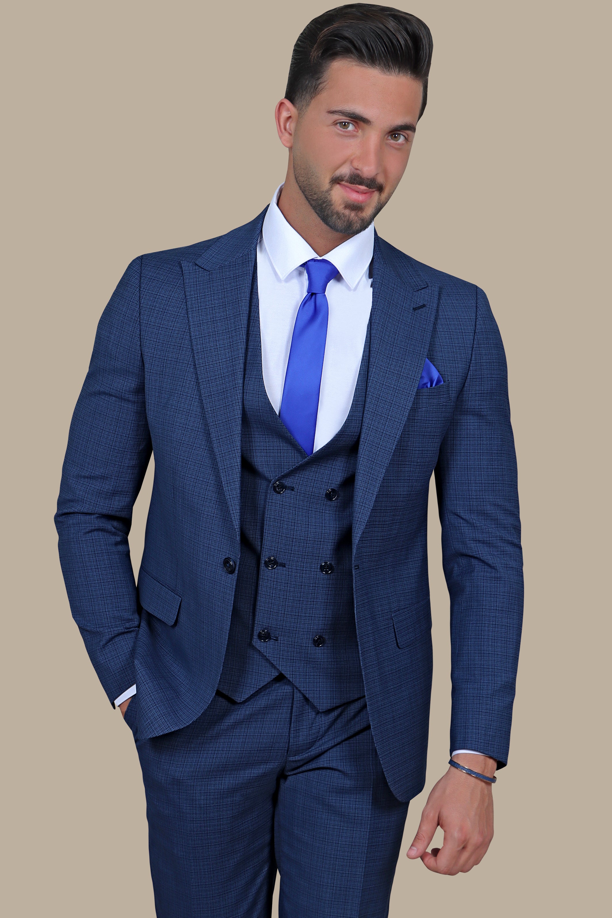 Blue Checked Sophistication: The Peak Lapel 3-Piece Suit