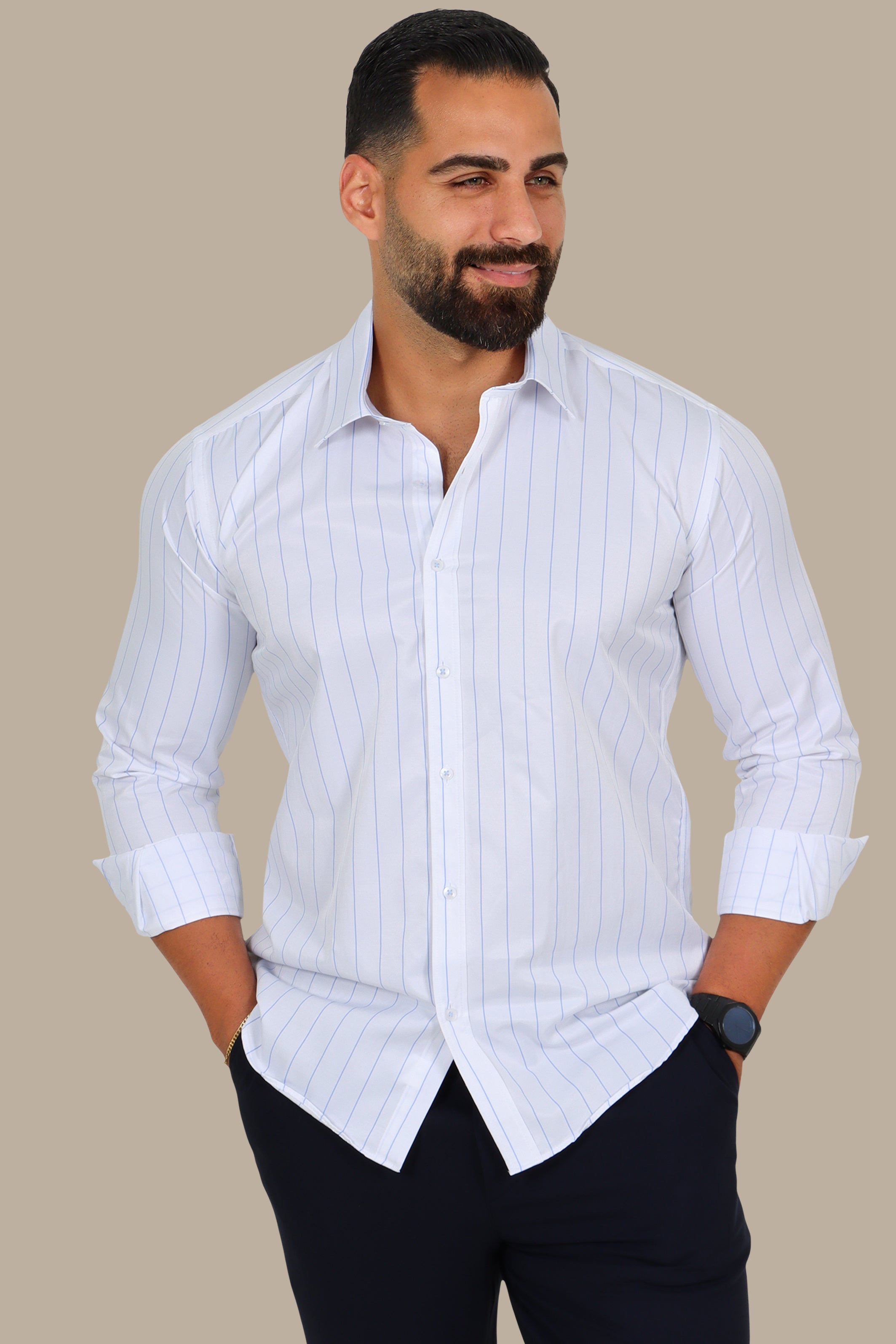 White Shirt – Light Blue Thin Stripes