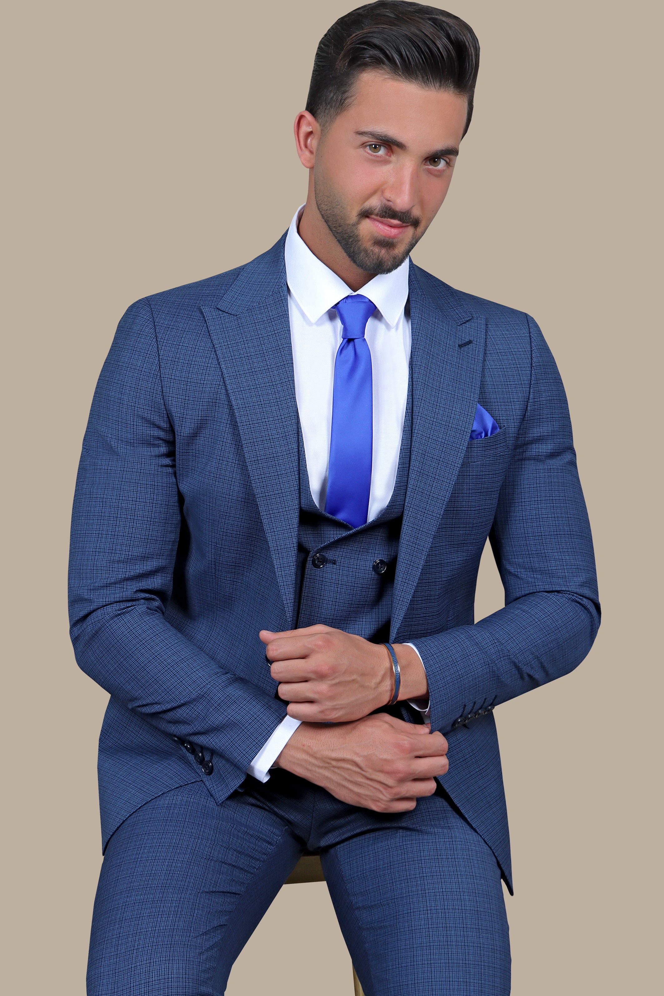 Blue Checked Sophistication: The Peak Lapel 3-Piece Suit