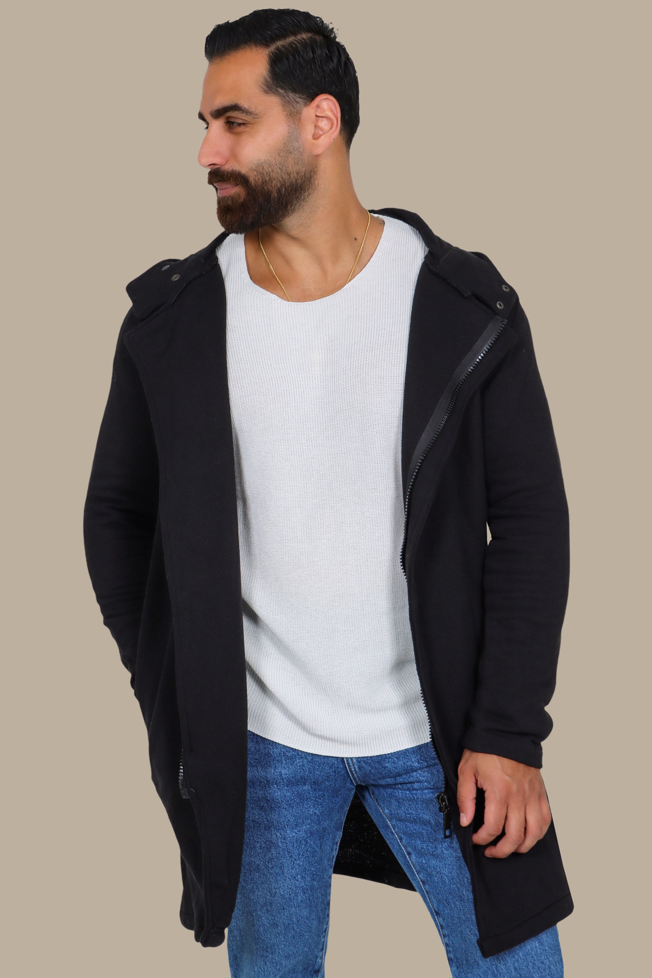 Black Oversized Long Cardigan with Zipper
